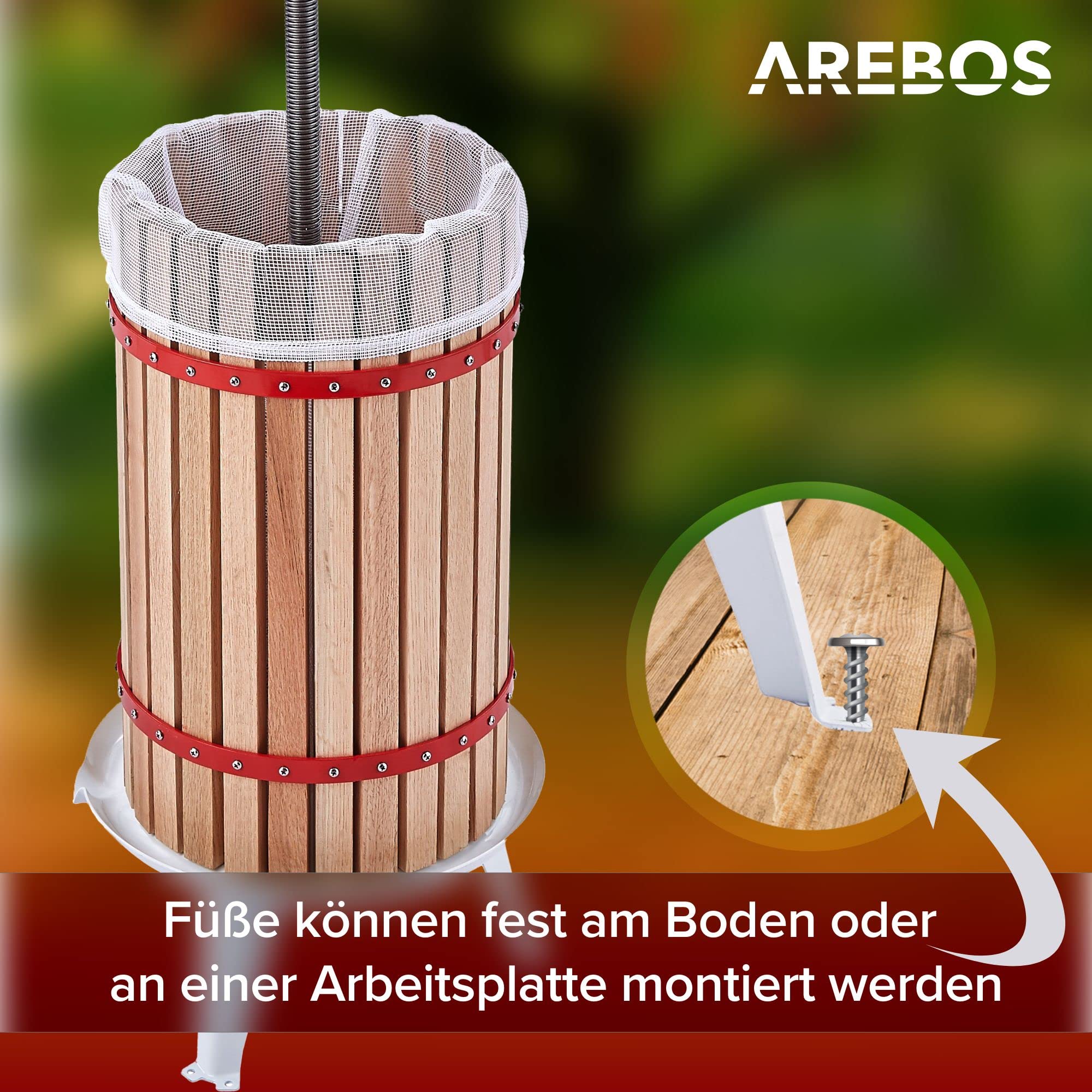 Arebos Obstpresse 30L | Manuelle Saftpresse I Beerenpresse inkl. Presstuch, Druckplatte und Metallspindel I Für jegliche Arten von Saft & Gemüse
