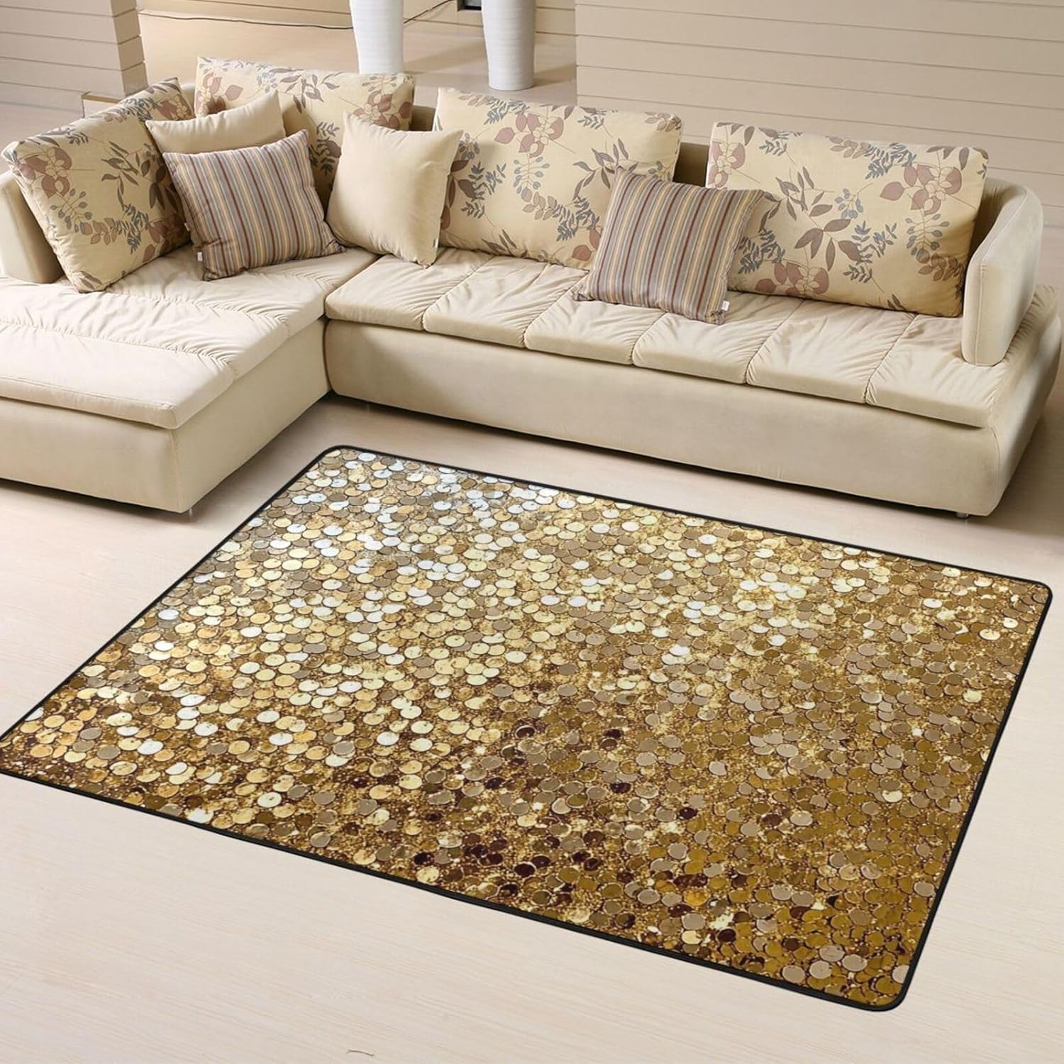 Area Rug 63x48 inch Non Slip Floor Mats Large Gold Sequin Sparkle Rugs for Living Room Doormat Vintage Indoor Carpet Rug Ultra Soft Floor Carpet Washable Rugs for Bedroom Dining Room