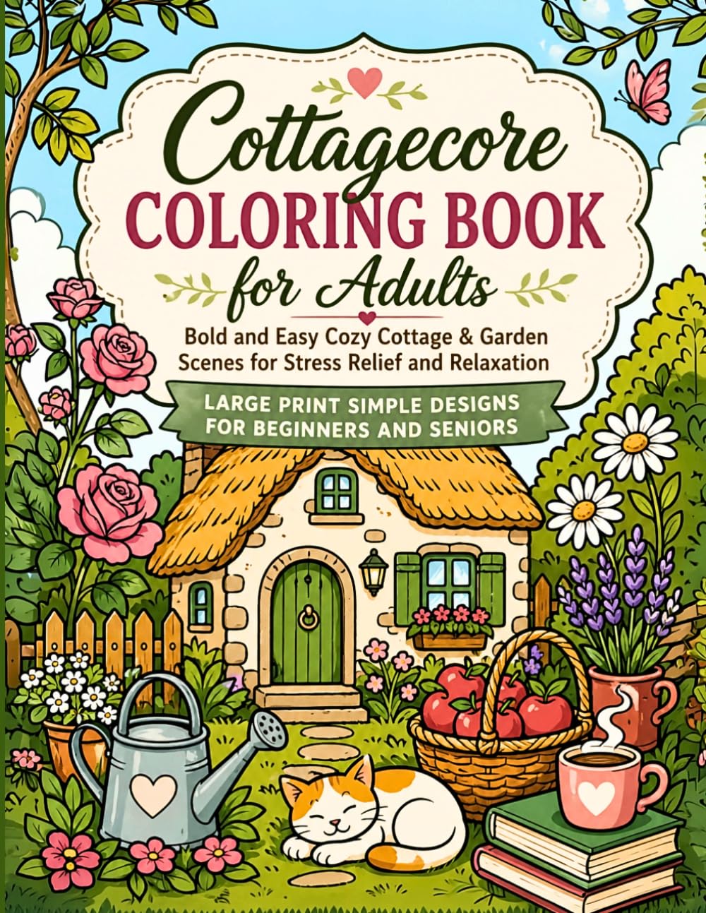 Cottagecore Coloring Book for Adults: Bold and Easy Cozy Cottage & Garden Scenes for Stress Relief and Relaxation — Large Print Simple Designs for Beginners and Seniors