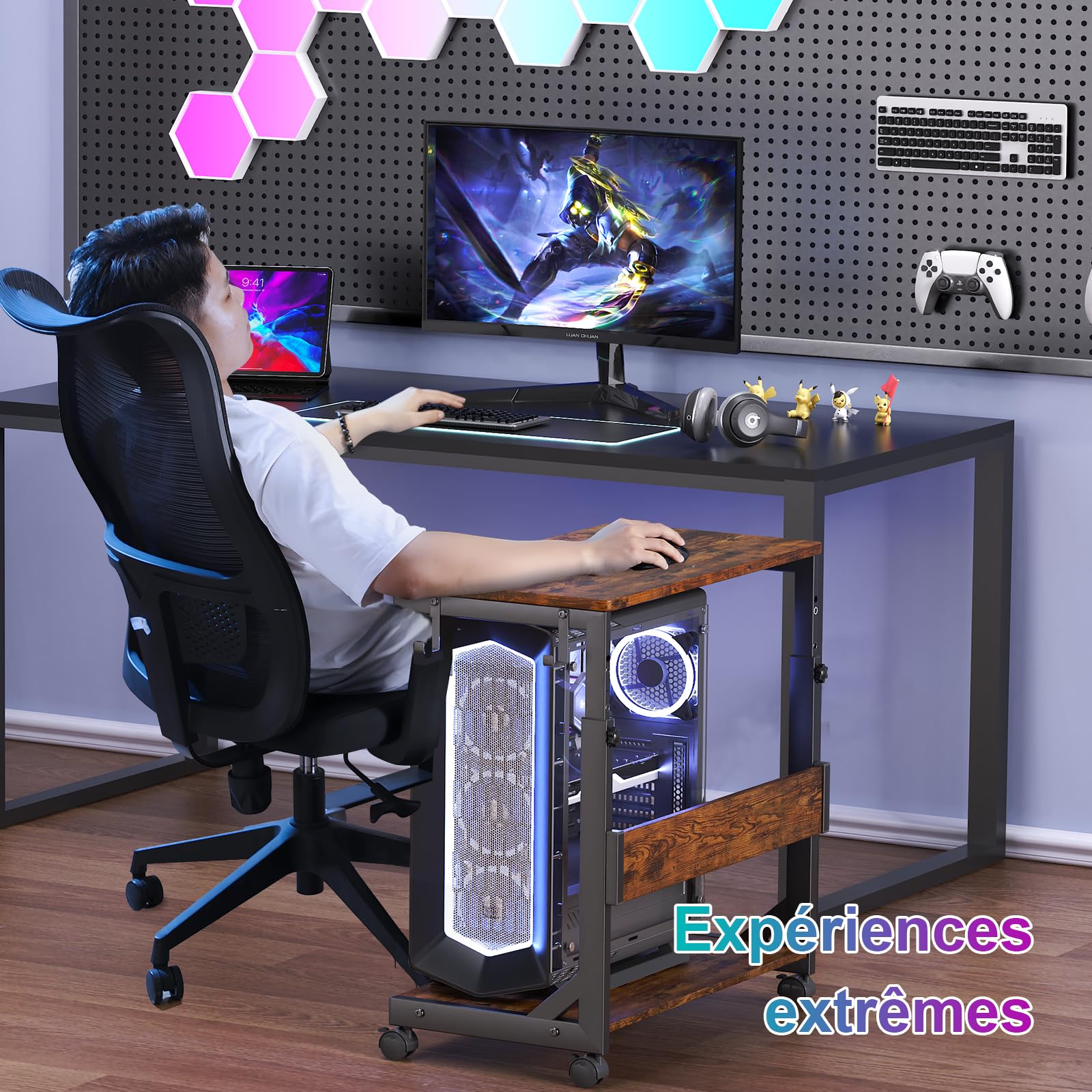 Tour d'ordinateur réglable en hauteur avec chariot ATX à 2 couches, support d'ordinateur sur pied, support d'imprimante avec espace de rangement, roues verrouillables, s'adapte à la plupart des