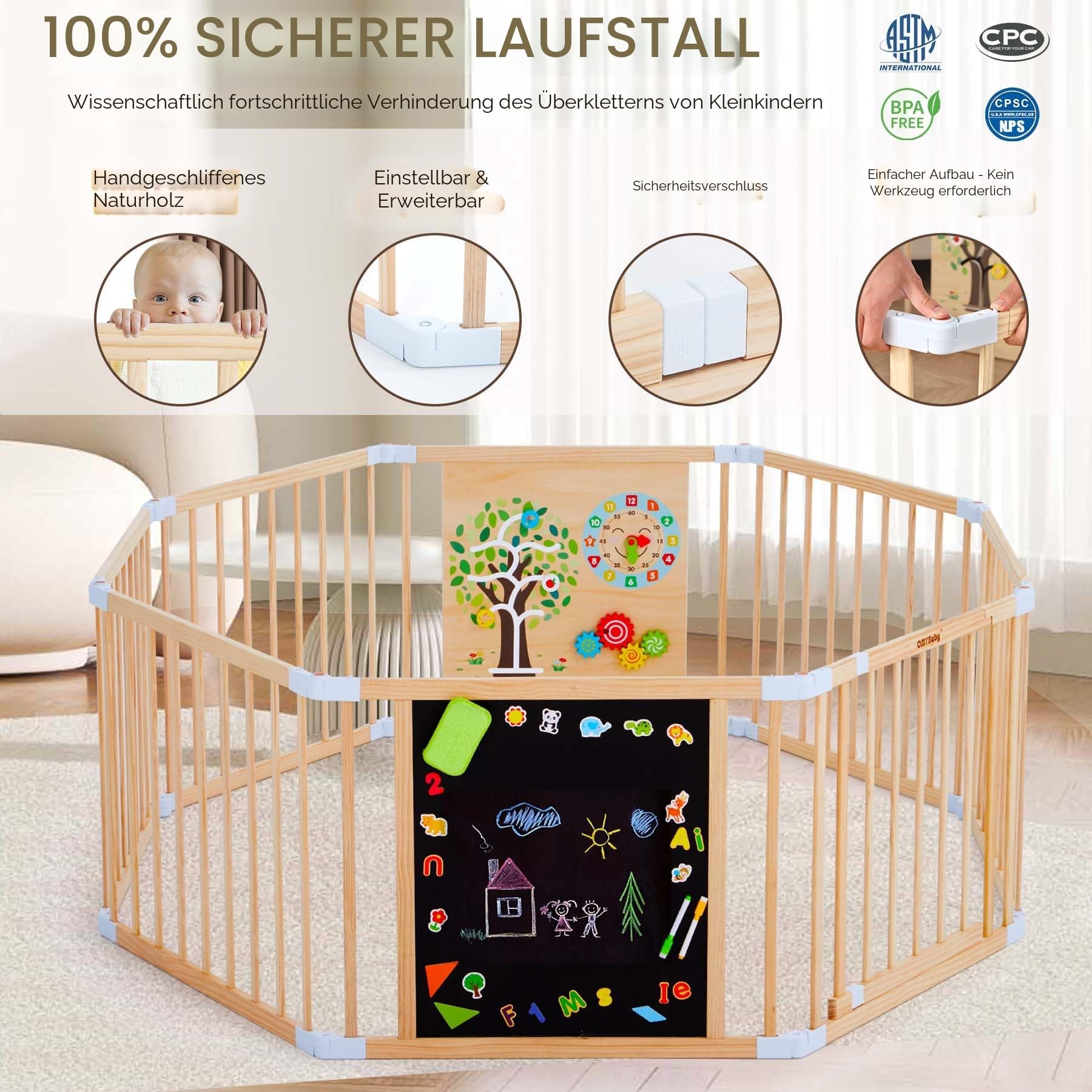 All-in-One Baby Laufstall aus Holz mit Tür – 8 Paneele (163 x 163 x 66 cm), faltbarer & erweiterbarer Laufgitter Baby, höhenverstellbarer Playpen mit Tafel & Montessori Board | baby zaun