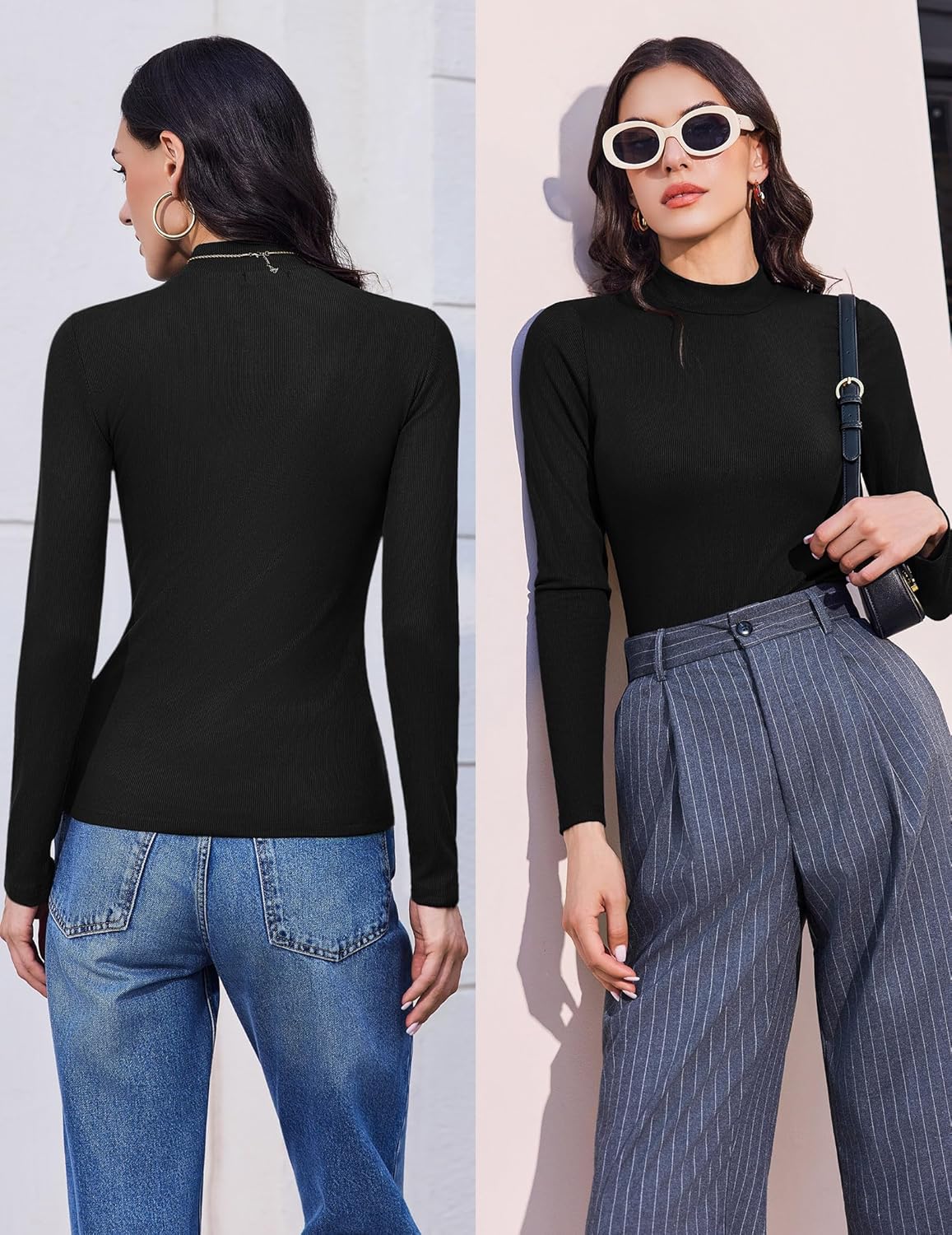 Ekouaer Mock Turtle Necks Tops for Women Long Sleeve Ribbed Shirts Thermal Slim Fit Lightweight Undershirts S-XXL - Image 3