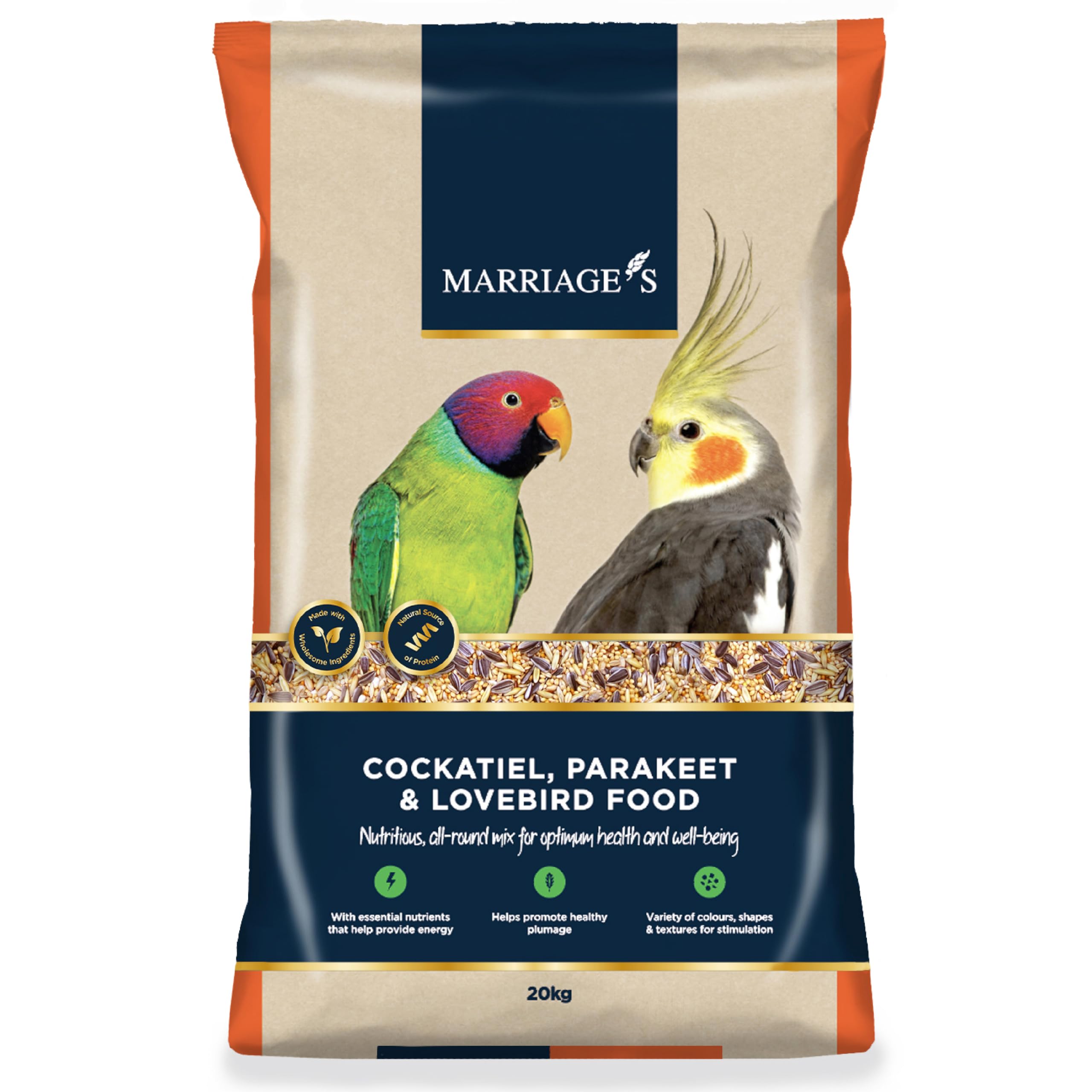 Marriages - Lovebird Food, Cockatiel Seed Mix, Parakeet Bird Seed with Oats, Nyjer Seed and Millet, Wholesome, Packed with Fibre and Protein (20kg)