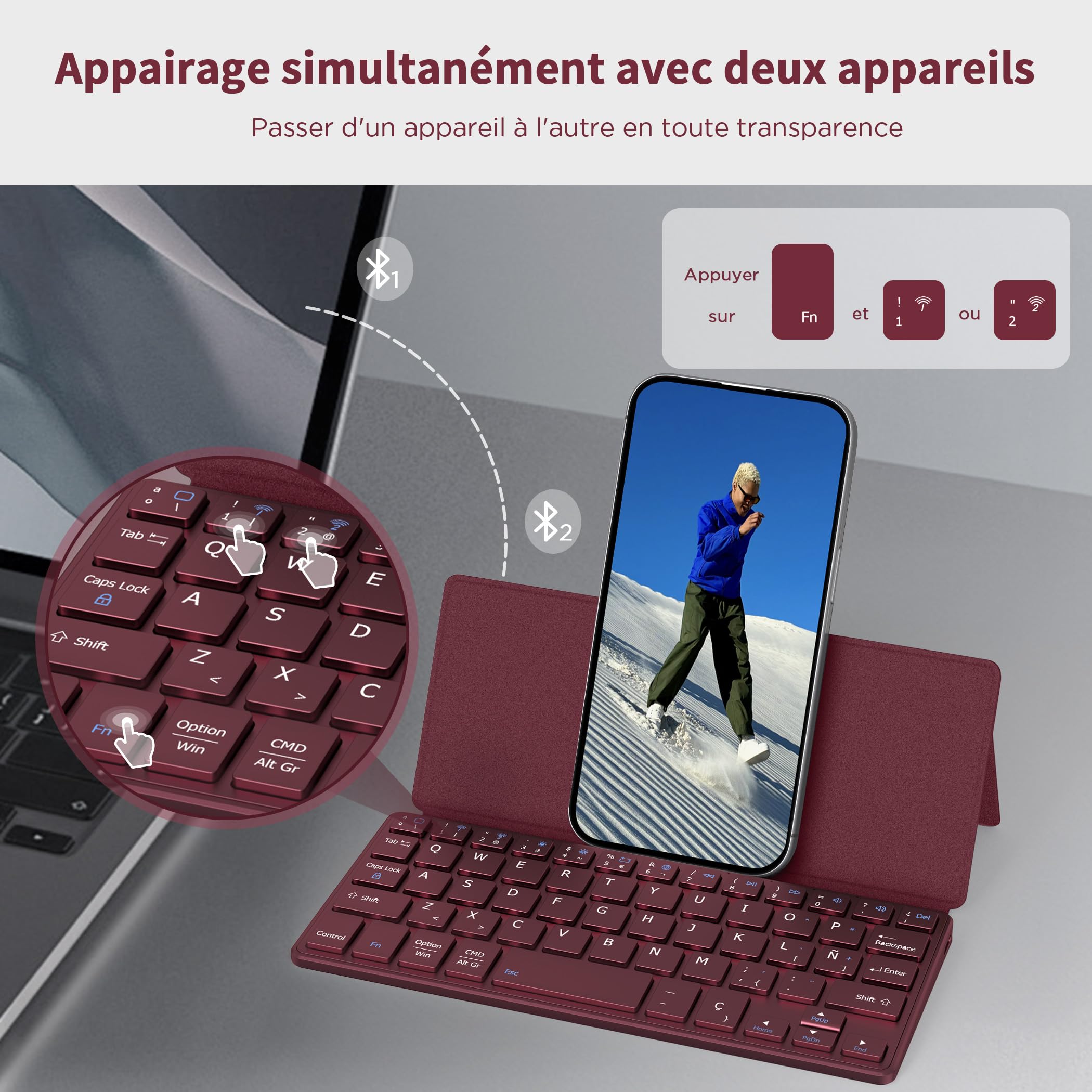 CACOE Mini clavier Bluetooth avec support pour iPad, portable, pliable, clavier double canal pour tablette/iPhone/iOS/Android Tablet/Windows, Bordeaux