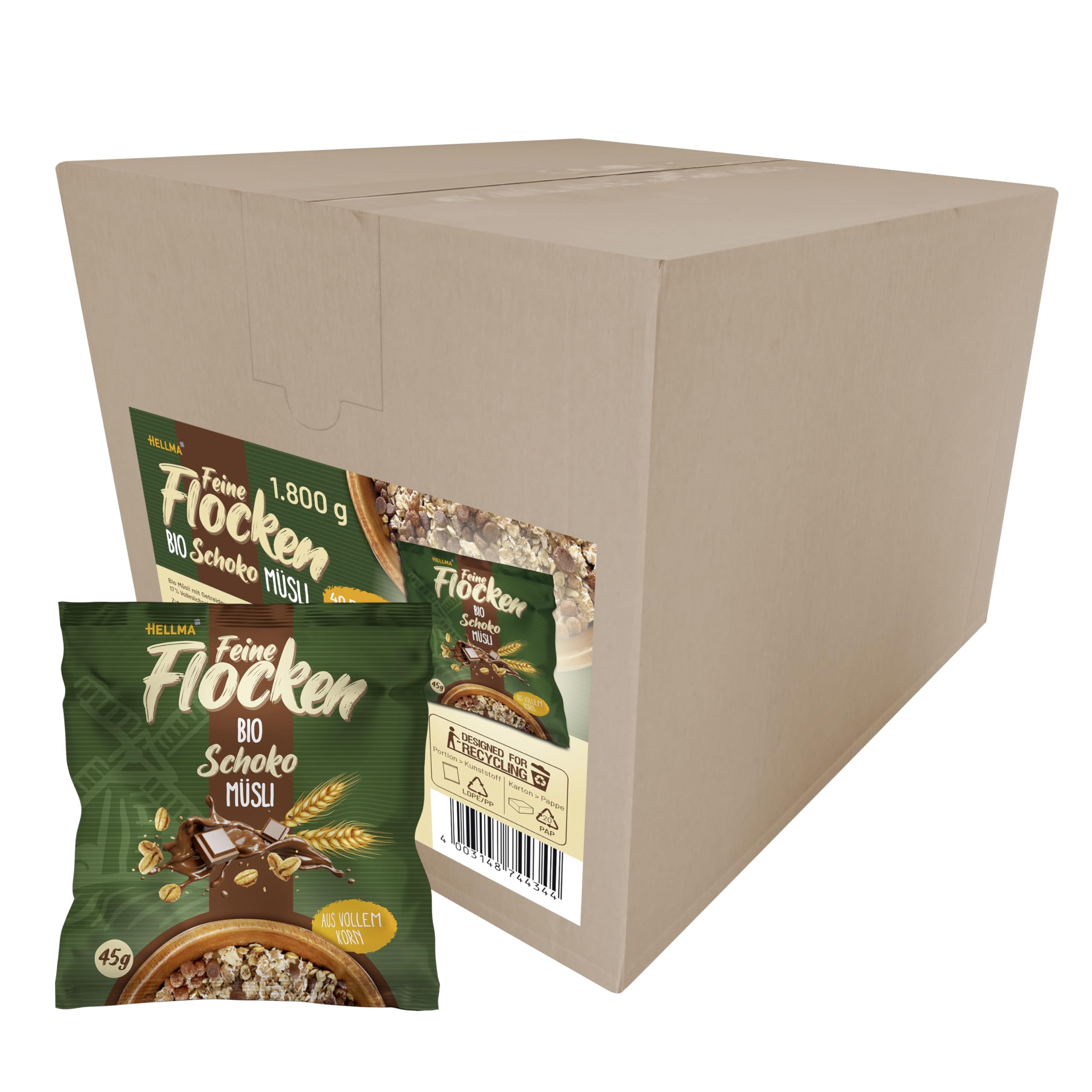 HELLMA Hellma Bio Schoko Müsli - 40 Portionen, je 45 g – Haferflocken mit Raspeln aus Bio-Vollmilchschokolade