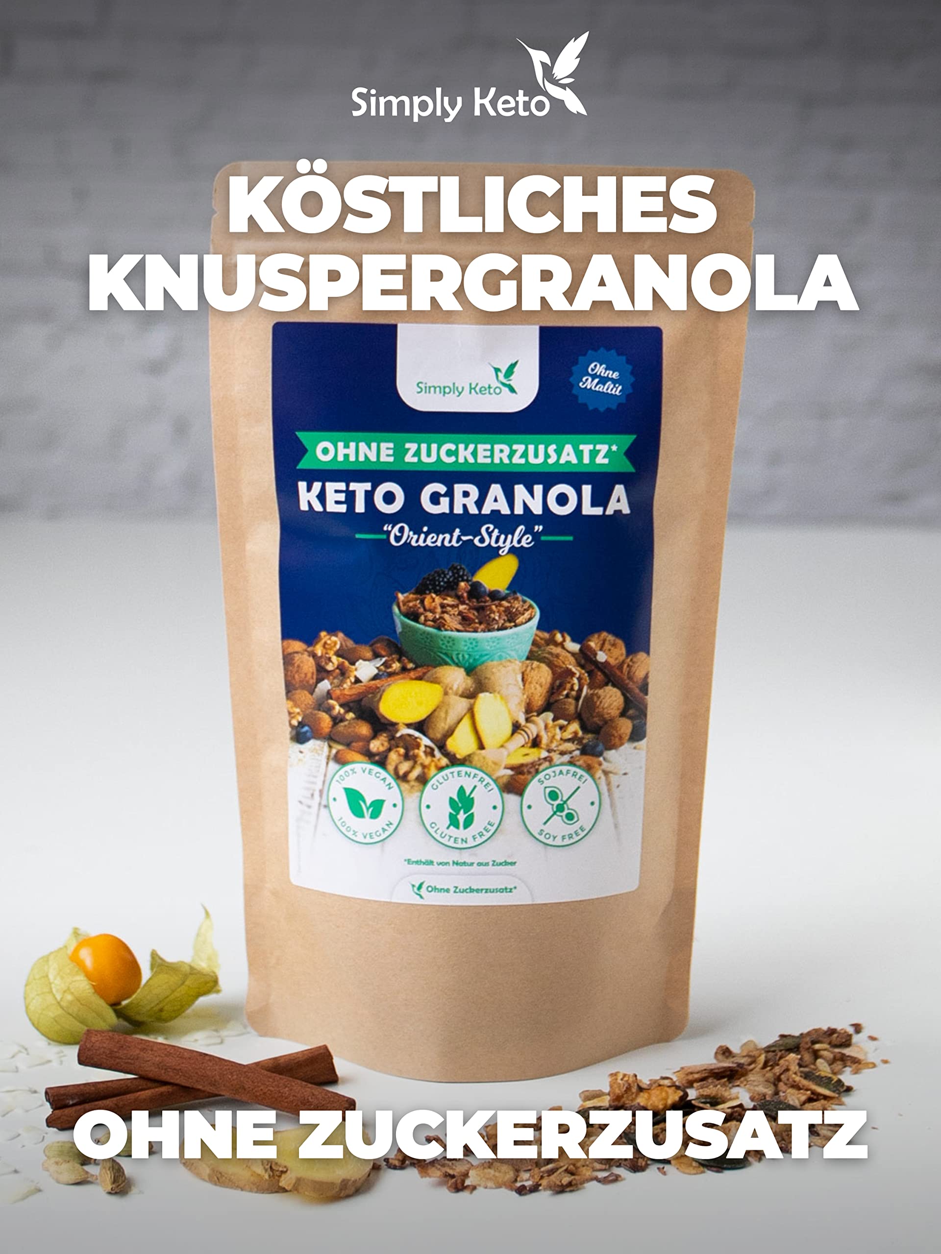 Simply Keto Muesli Crujiente Orient Sun - Muesli bajo en carbohidratos sin azúcar - 250g Delicioso Keto Muesli para un desayuno perfecto - Paleo y Vegano - Sin soja, lactosa y gluten - 250g