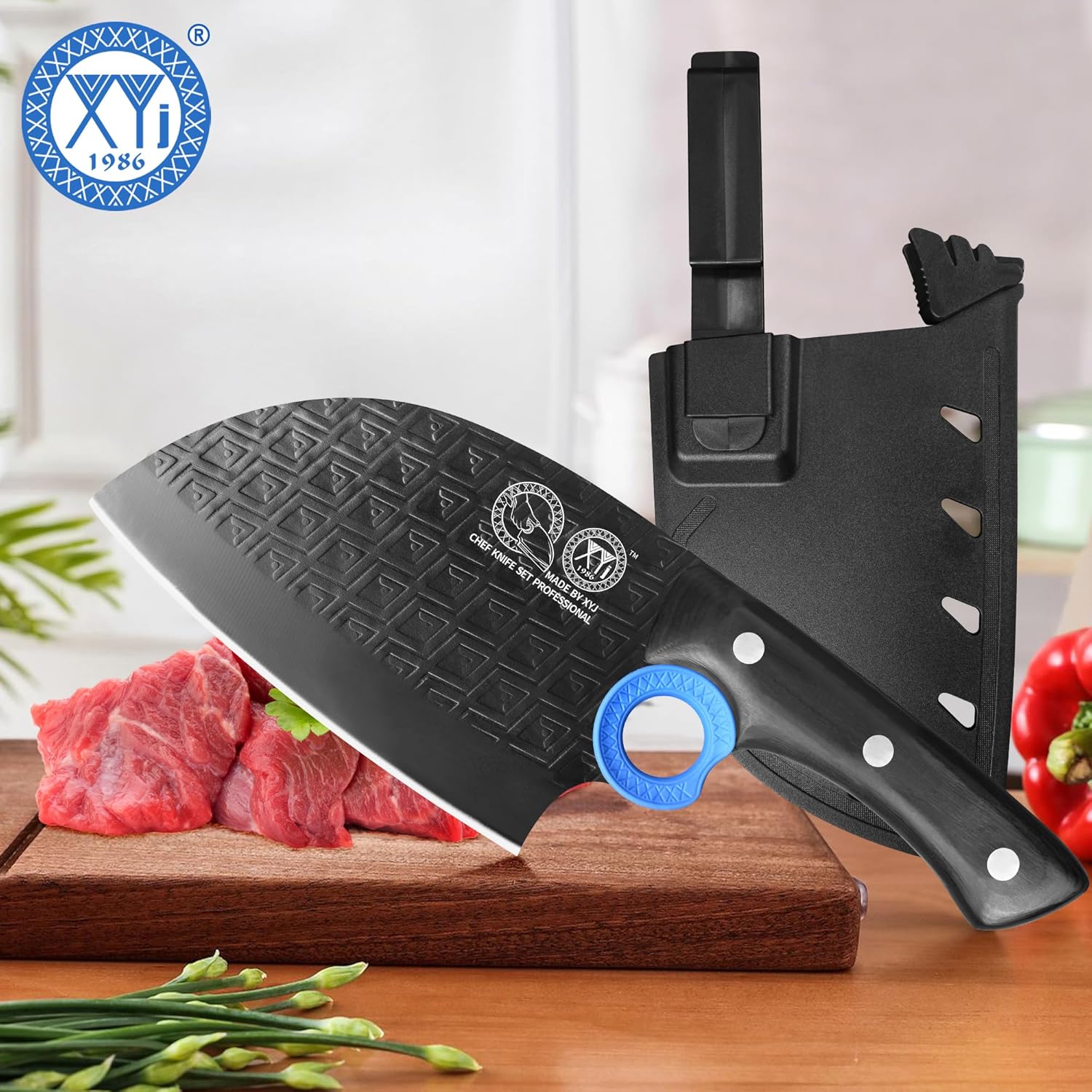 XYJ Authentic Since 1986,Heavy Duty Large Meat Cleaver,Serbian Chef Butcher Knife with Case,Chefs Vegetable Kitchen Knife,Full Tang for Outdoor Camping,Wood Handle with Sheath