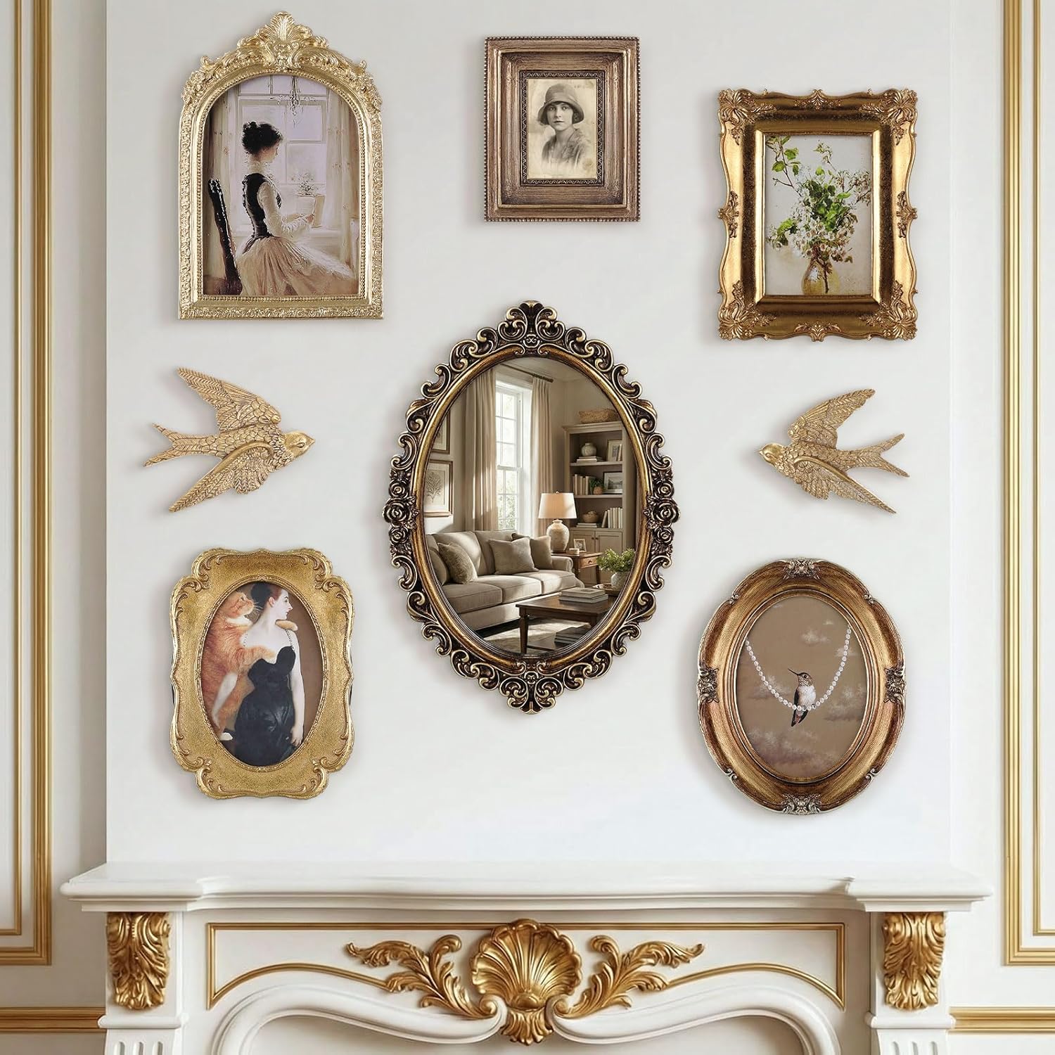 8 Pcs Vintage Picture Frames with Gold Mirror Bird Sculpture Antique Gold Gallery Wall Frame for 4x6, 5x7 Baroque for Wall or Tabletop Gallery Home Decor