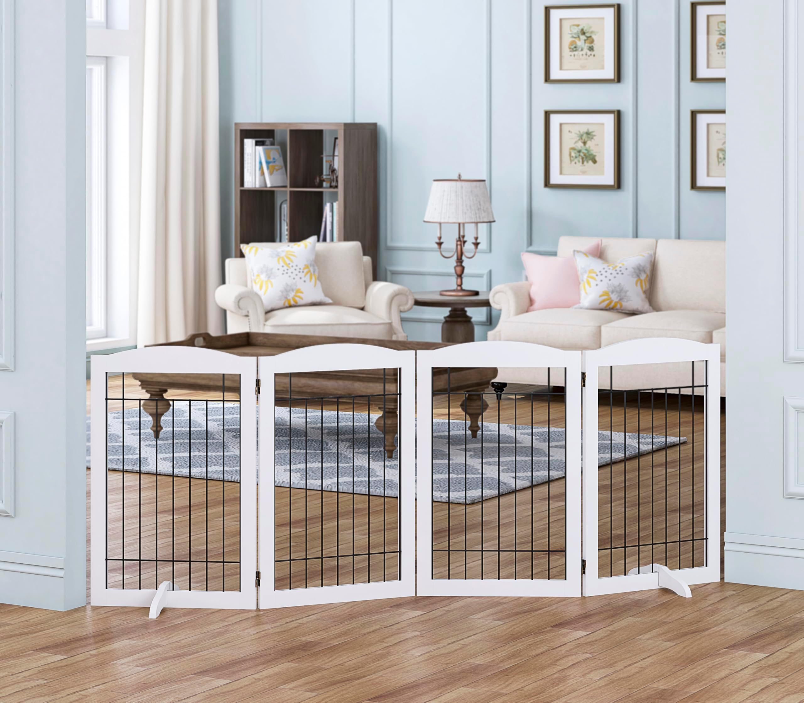 Spirich Free Standing Foldable Wire Pet Gate for Dogs, 80 inches Extra Wide, 30 inches Tall 4 Panels Dog Gate for the House, Doorway, Stairs, Pet Puppy Safety Fence,Set of Support Feet Included, White