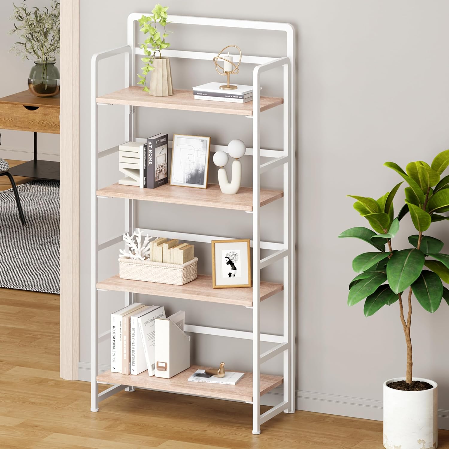 No Assembly Folding Bookshelf, 4 Tiers Collapsible Book Shelf for Home Office, Vintage Wood Foldable Bookcase Storage Organizer for Living Room Bedroom (Beige)