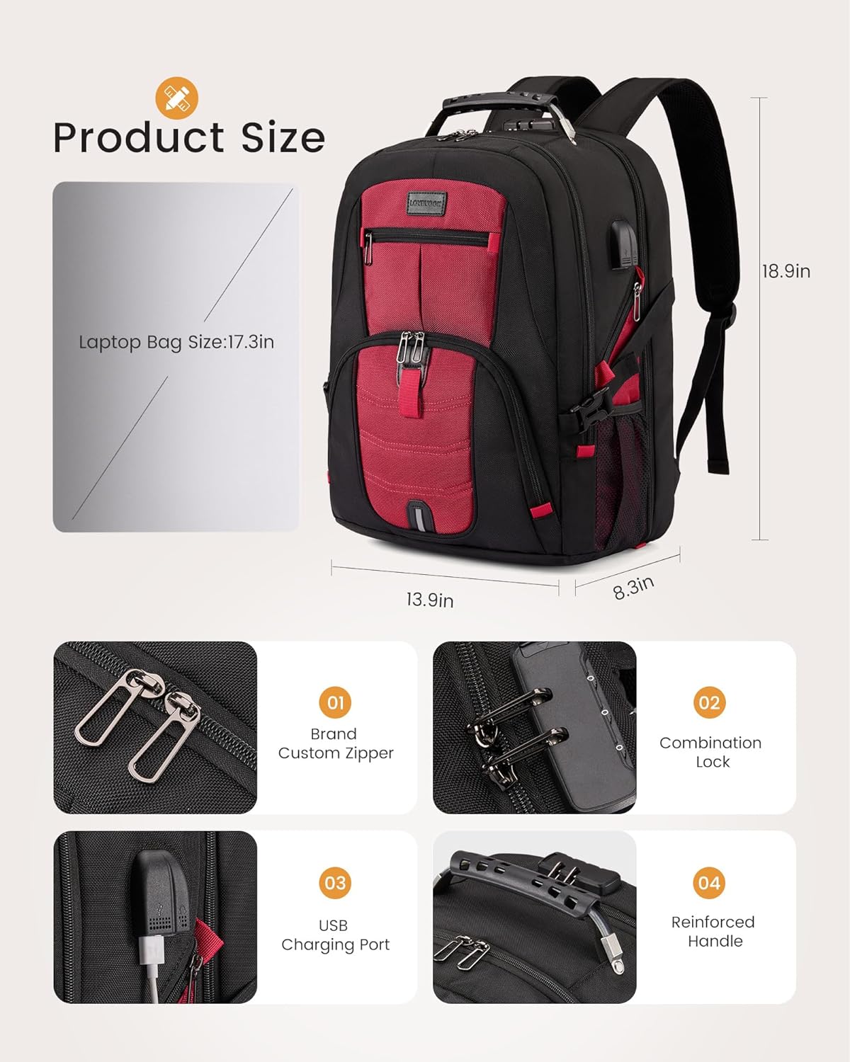 LOVEVOOK Travel Laptop Backpack Waterproof Anti Theft Backpack with Lock and USB Charging Port Large 17-17.3 Inch Computer Business Backpack for Women Men Red - Image 4