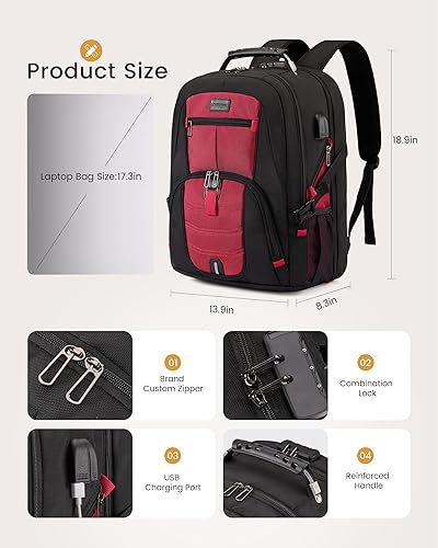 Miniatura 4 de Mochila grande de viaje y para laptop, de 17-17.3 pulgadas, es impermeable, antirrobo, con cerradura y puerto de carga USB, para negocios, escuela,