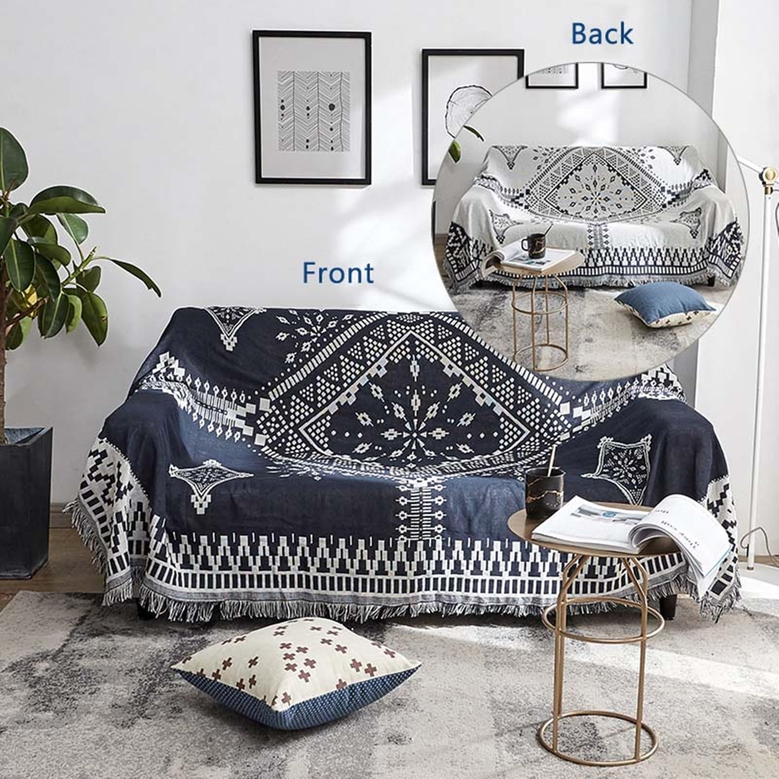 Couch Decken, Mischgewebe Couch Decken Marineblau Maritim-Muster Mit Quaste Sofabezug 2 Seater(90X240Cm)