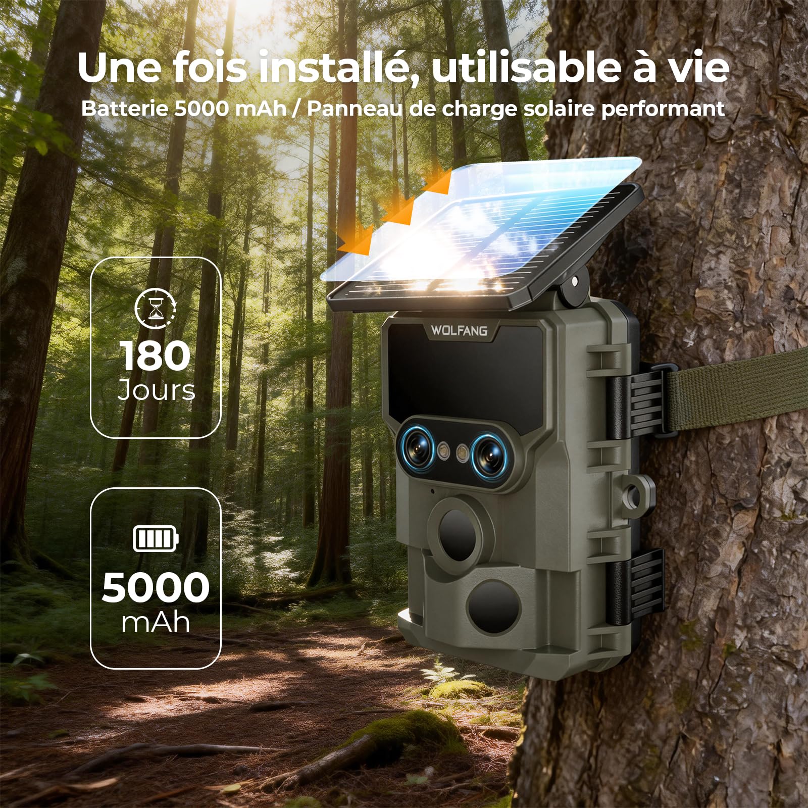 WOLFANG Caméra de Chasse, Double Objectif Caméra Chasse Solaire WiFi 4K/64MP, Détecteur de Mouvement de 0,1s, avec App, 5000mAh Batterie, Vision Nocturne étoilée, IP66 Étanche
