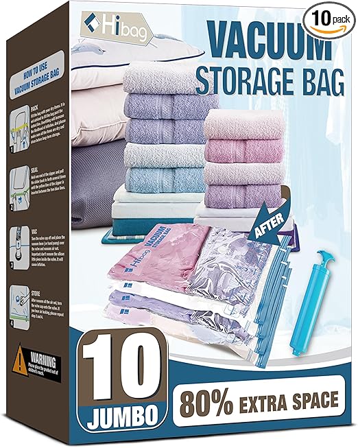 HIBAG Vacuum Storage Bags, 10 Jumbo Space Saver Vacuum Seal Bags, Space Bags, Vacuum Sealer Bags for Clothes, Comforters, Blankets, Bedding (10J)