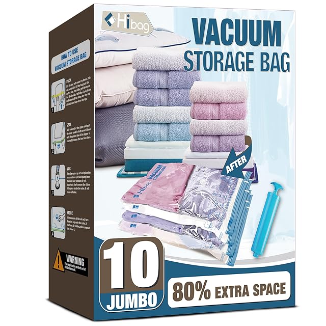 HIBAG Vacuum Storage Seal Bags 10 Jumbo Space Saver Vacuum Sealer Bags for Clothes Comforters Blankets Bedding 10J