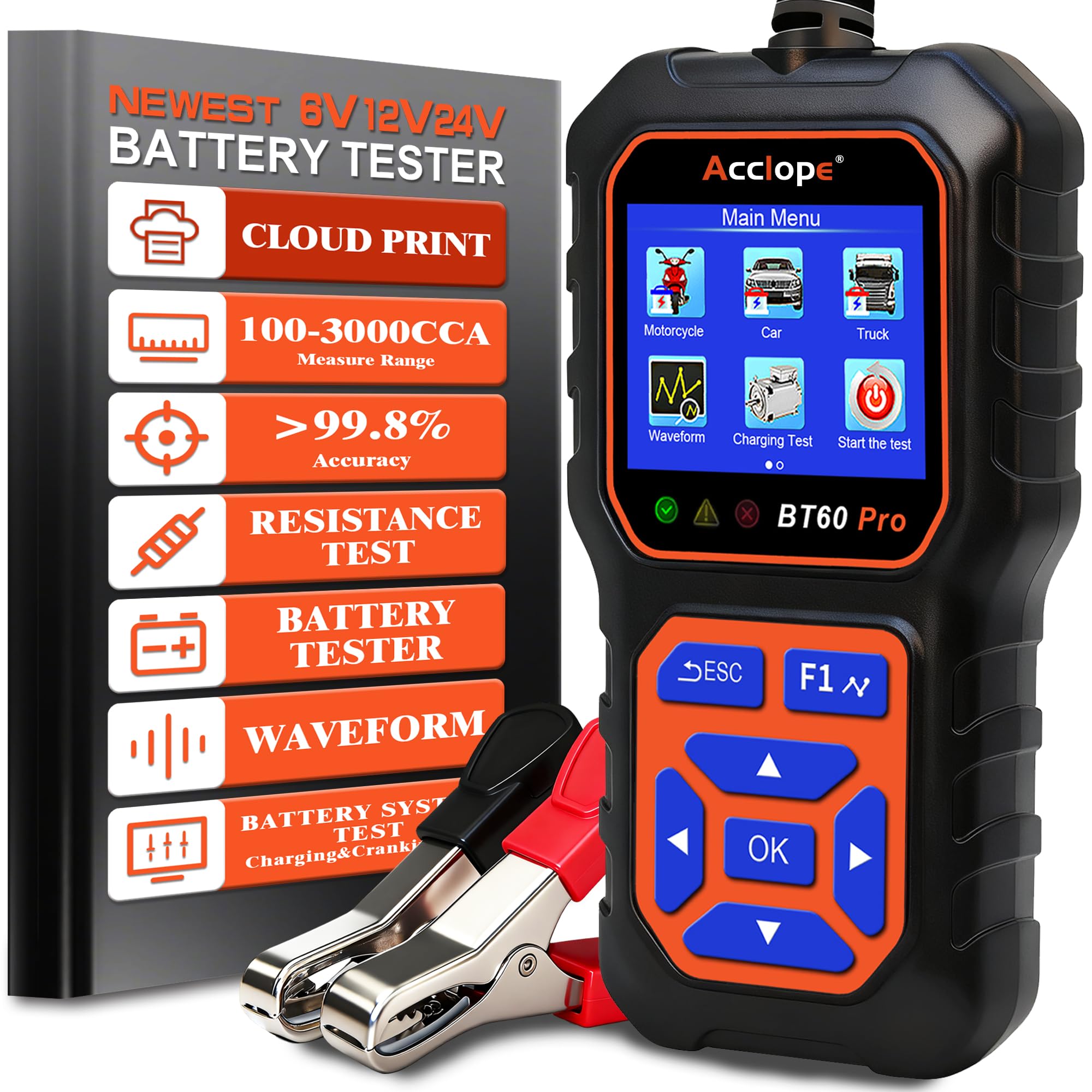 Acclope BT60 Pro Battery Tester with Cloud Cloud Printing100-3000 CCA 6V 12V 24V AGM Lithium Gel Battery Checker Alternator Tester Digital Analyzer Charging Cranking System Tool Vehicles Home-use