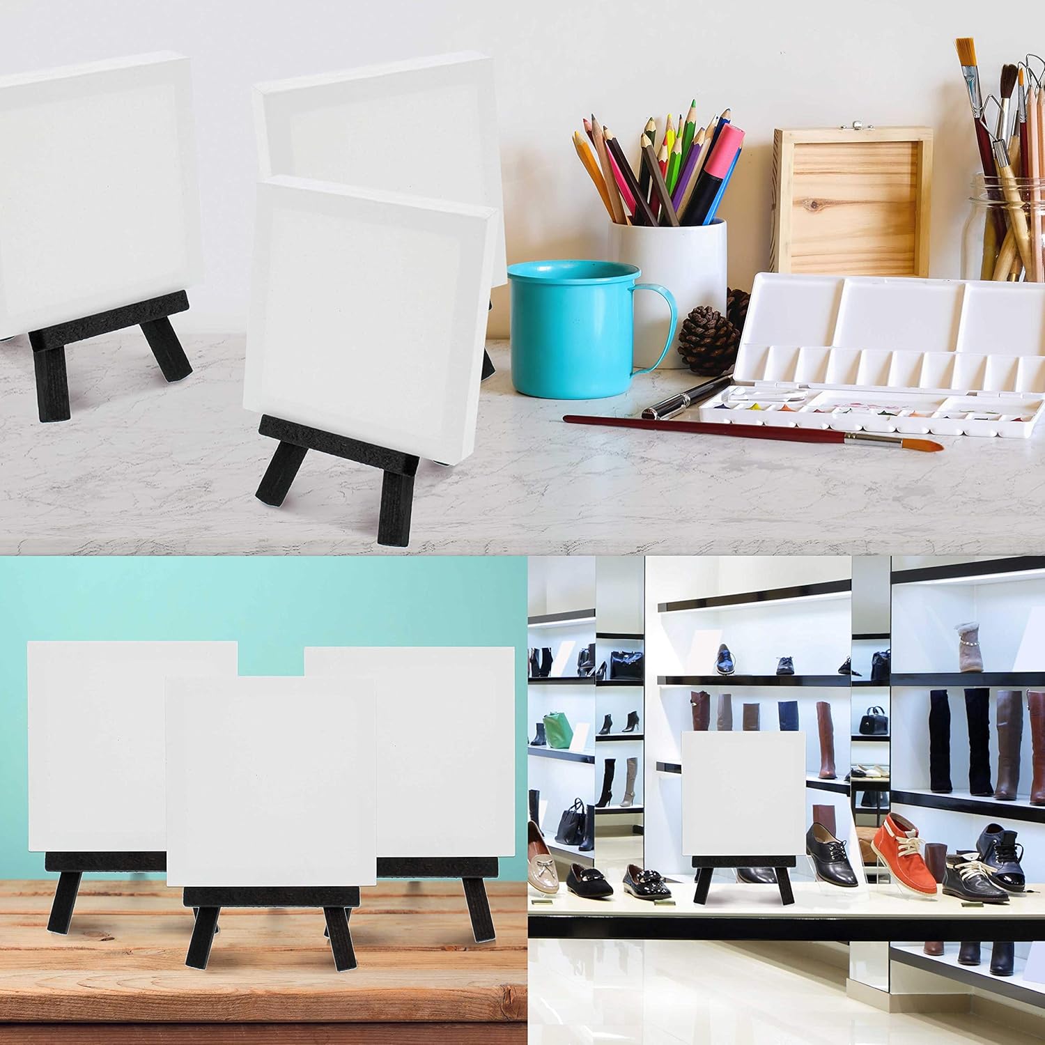 U.S. Art Supply 8" High Small Black Wood Display Easel (Pack of 6), A-Frame Artist Painting Party Tripod Mini Easel - Tabletop Holder Stand for Canvases, Kids School Crafts, Event Signs, Photos, Gifts