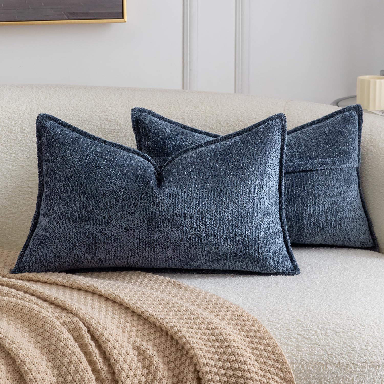 Madizz Pack of 2 Decorative Cushion Covers Boho Soft Textured Chenille Throw Pillows Solid Pillow Covers for Couch Sofa Bedroom Living Room 30x50 CM, Dark Blue