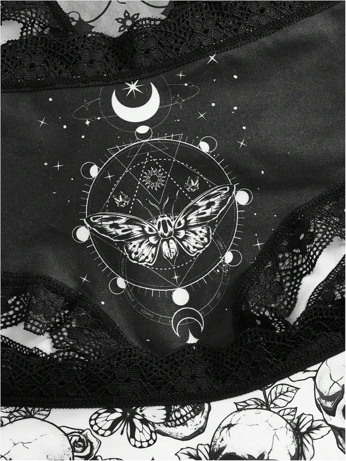 WDIRARA Women's 5 Pack Set Goth Graphic Print Mesh Sheer Lace Trim Mid Rise Underwear Briefs - Image 4