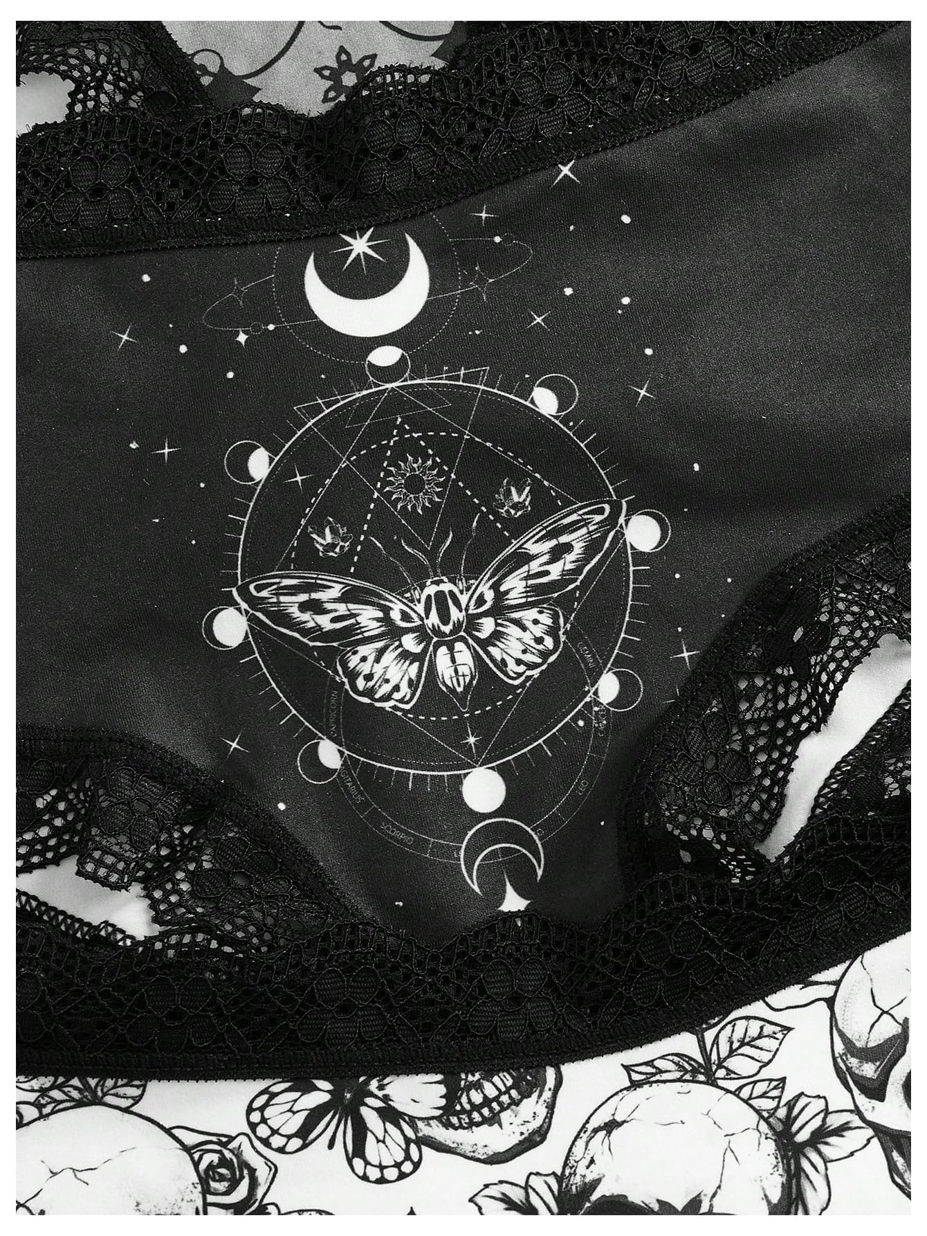 WDIRARA Women's 5 Pack Set Goth Graphic Print Mesh Sheer Lace Trim Mid Rise Underwear Briefs: X-Small Black Multicolor