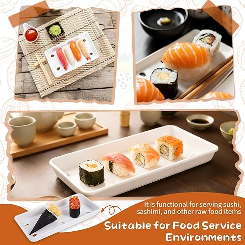 Miniatura 5 de Acellegic Paquete de 6 platos de sushi de melamina blanca bandeja para servir sashimi con agujero de goteo de 8 x 3.75 pulgadas, cocina japonesa,