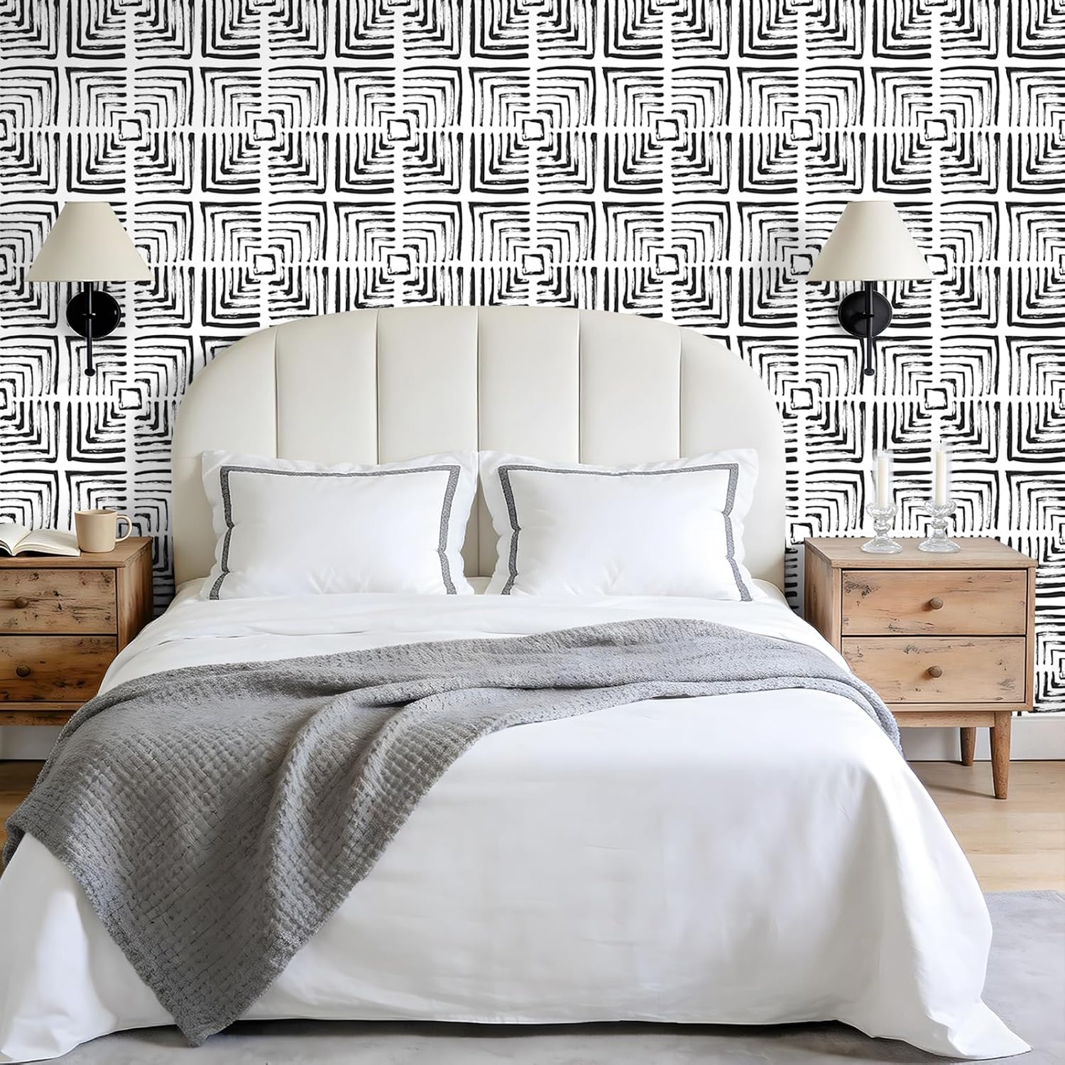 VEELIKE Black and White Geometric Peel and Stick Wallpaper Minimalist Nested Square Geometric Wallpaper for Accent Wall Bedroom 17.7''x354'' Abstract Modern Wall Paper Removable Self Adhesive Vinyl