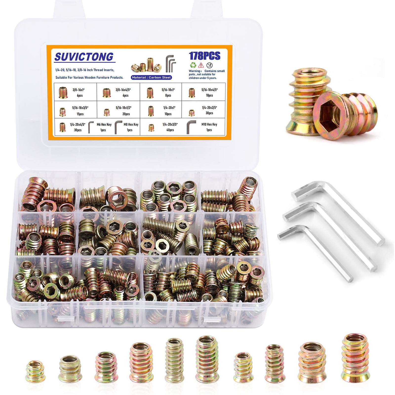 178Pcs Threaded Inserts Nuts for Wood,1/4"-20, 5/16"-18, 3/8"-16 10 Sizes Carbon Steel Wood Inserts Kit,Hex Socket Threaded Wood Inserts Screw Assortment with 3PCS Hex Wrench for Wood Forniture