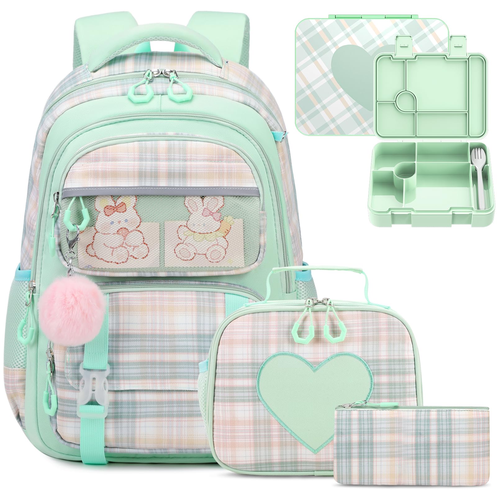 Bevalsa Kids Backpack for Girls with Bento Lunch Box Set, Plaid Purple Bookbag Backpack for Girls Kid, 43oz Lunch Containers Lunchbox, Insulated Lunch