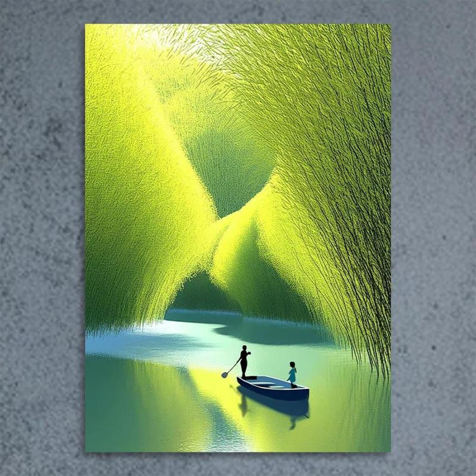 Yocheng Canvas Print - Serene Greenery Landscape Painting With Boat Scene,Minimalist Nature Wall Decor For Living Room 30x40cm No Frame