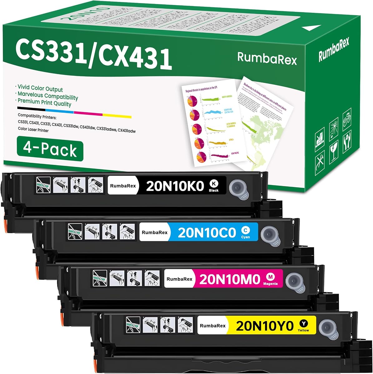 CS331 CX331 CS431 CX431 Toner Cartridges Set 4-Color CMYK 20N10 | Replacement for Lexmark 20N10K0 20N10C0 20N10M0 20N10Y0 Toner Cartridge for CS331dw CS431dw CX331adwe CX431adw Printer Ink