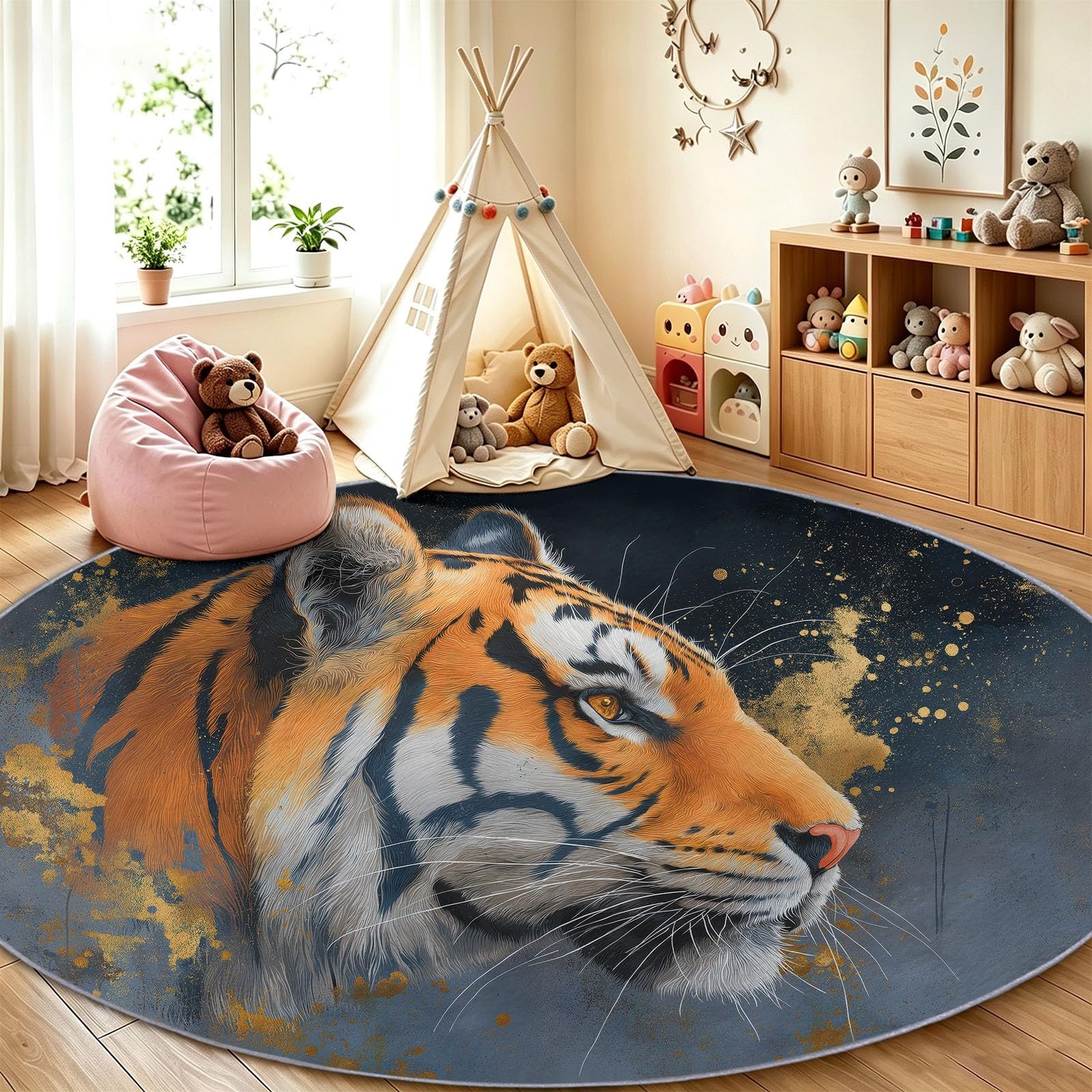 Tappeto rotondo per soggiorno, camera da letto, 90 cm, motivo animali, con retro in gomma antiscivolo, lavabile in lavatrice, per sala da pranzo, bagno, morbido e morbido, per interni, motivo: tigre