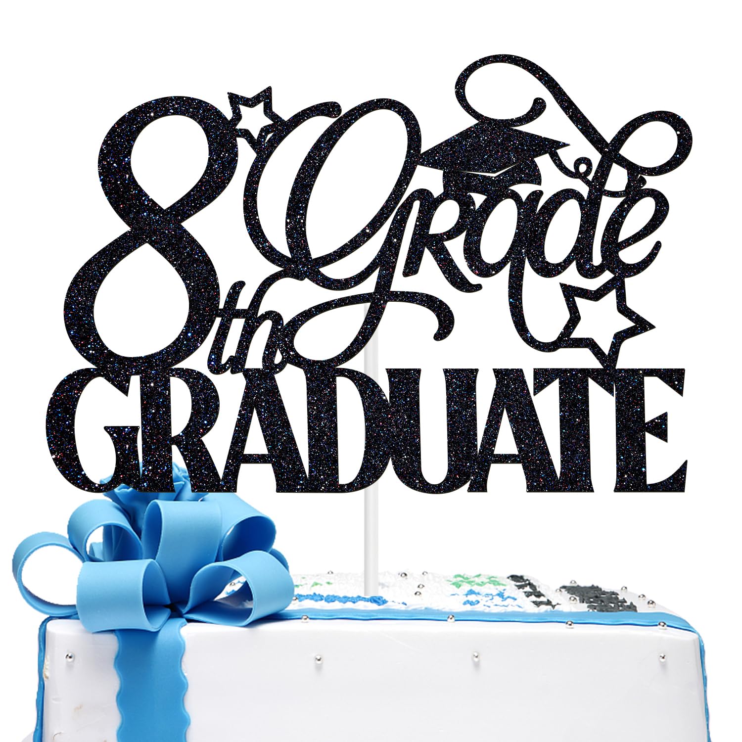 8th Grade Graduate Cake Topper, Congrats Grad/Next Stop High School, 2024 Middle School Graduation Party Decorations Supplies for Boys Girls, Black