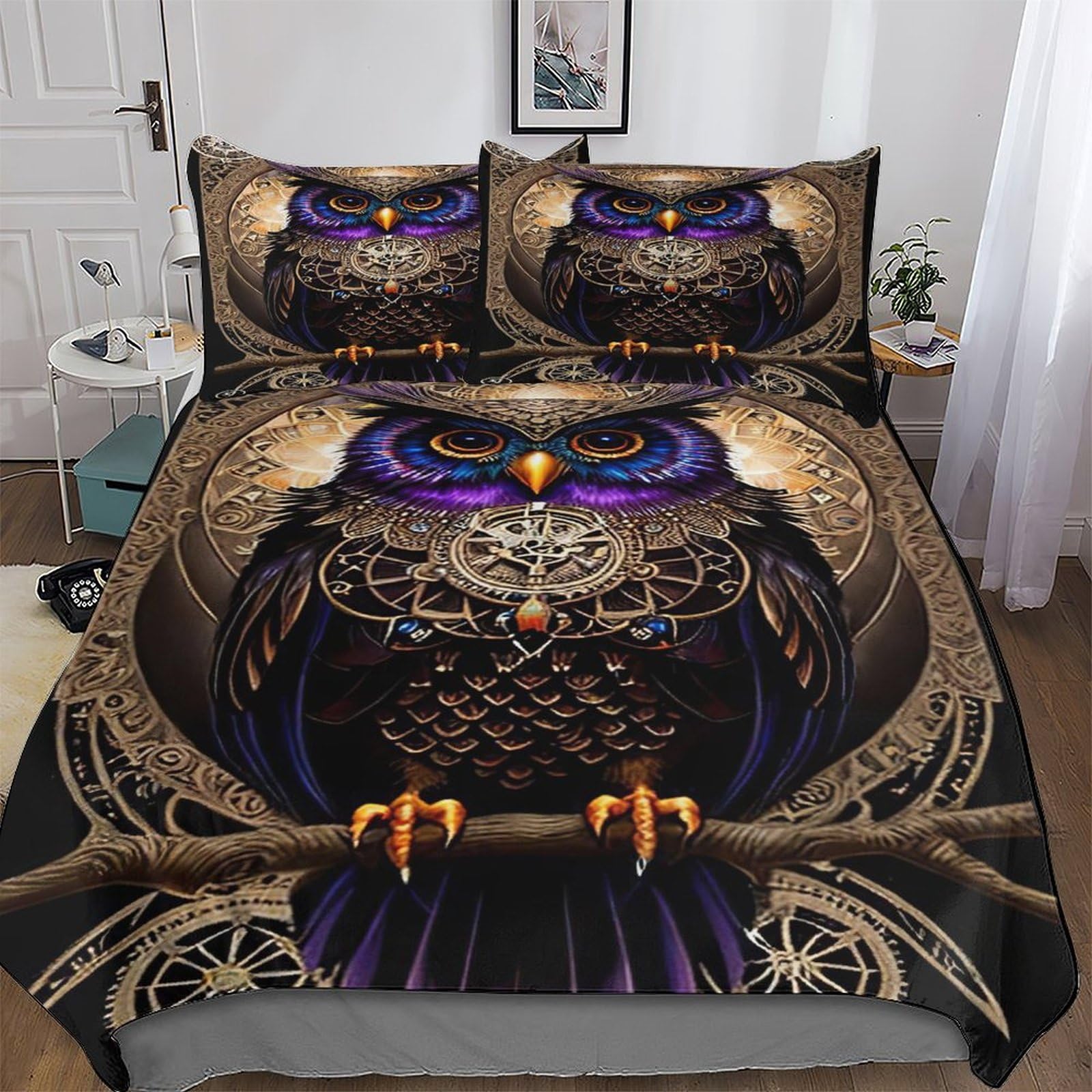 Parure de lit hibou avec housse de couette 220x240 cm et taies d'oreiller pour adulte