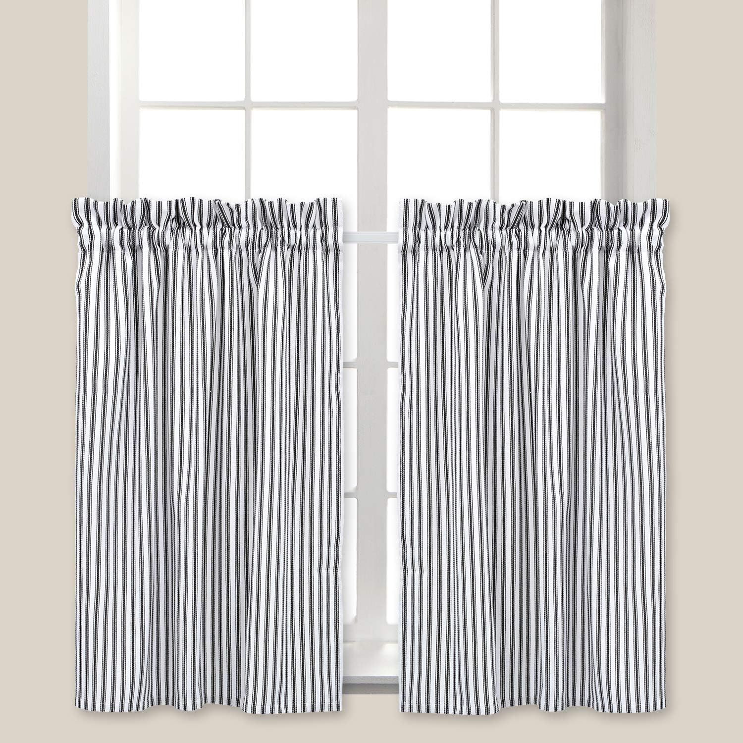 Cackleberry Home Black and White Ticking Stripe Cafe Curtains 28 Inches W x 30 Inches L Woven Cotton, Set of 2