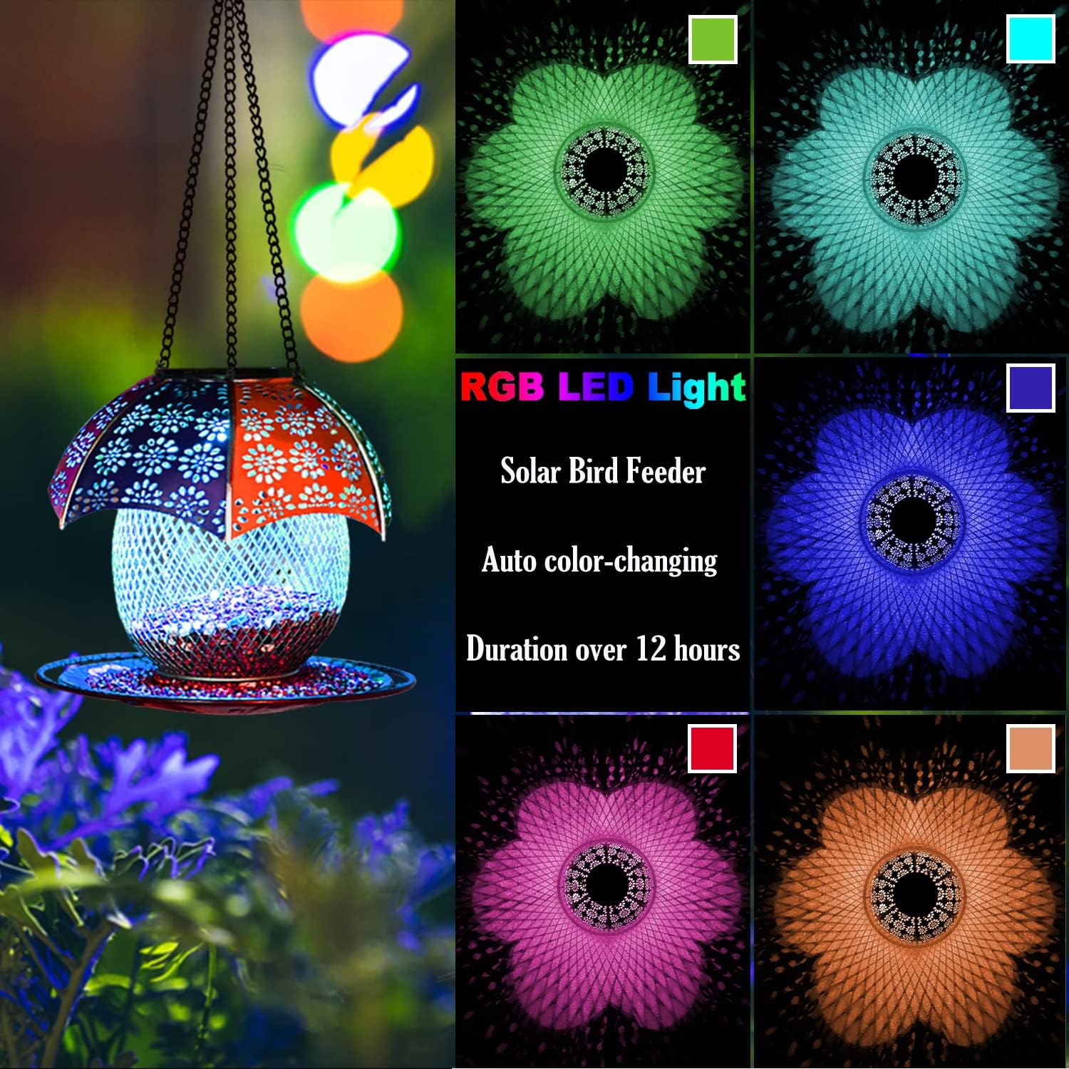 2023 New Solar Bird Feeders - Outdoors Hanging with Automatic Color Changing LED Lights, Metal Wild Bird Feeders Provides 2.5LBs Capacity, Hanging Bird Feeder Makes an Ideal Gifts for Bird Lovers. : Patio, Lawn & Garden