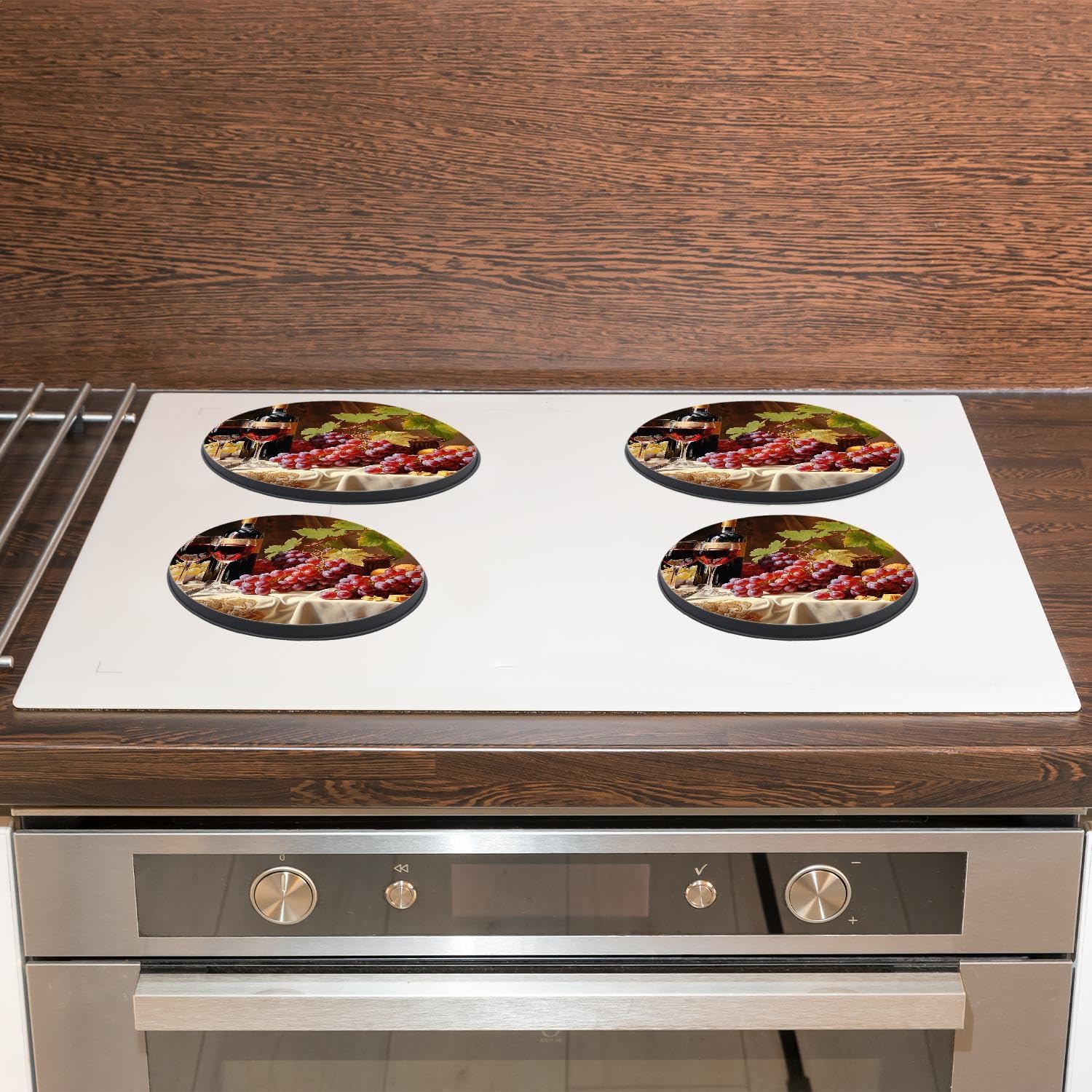 Glasses Red Wine Grapes Wooden Creative Set of 4 Stove Burner Covers - Premium Round Electric Stove Range Protectors,8 IN & 10 IN