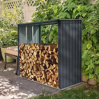 Outdoor Firewood Storage Shed with Sloped Roof - Heavy Duty Metal Wood Rack for Patio Backyard Garage - Black 85.5" L x 35.25" W x 60.75" H