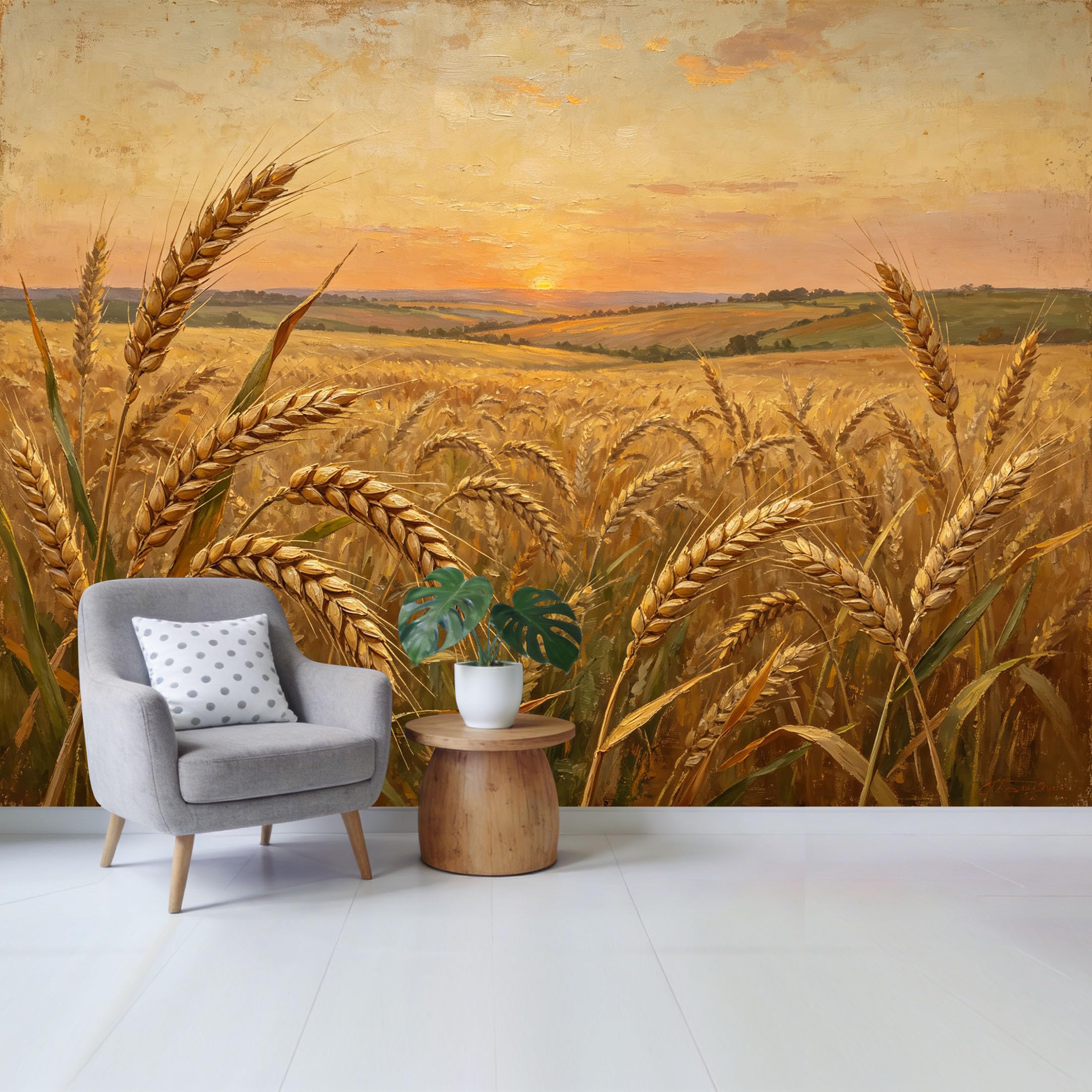 Qzlithotic Yq2605250820 Custom Size Wall Mural Golden Wheat Field Sunset Landscape Oil Painting Texture Selfadhesive Wall Fabric Removable Wallpaper For Home Office Decor