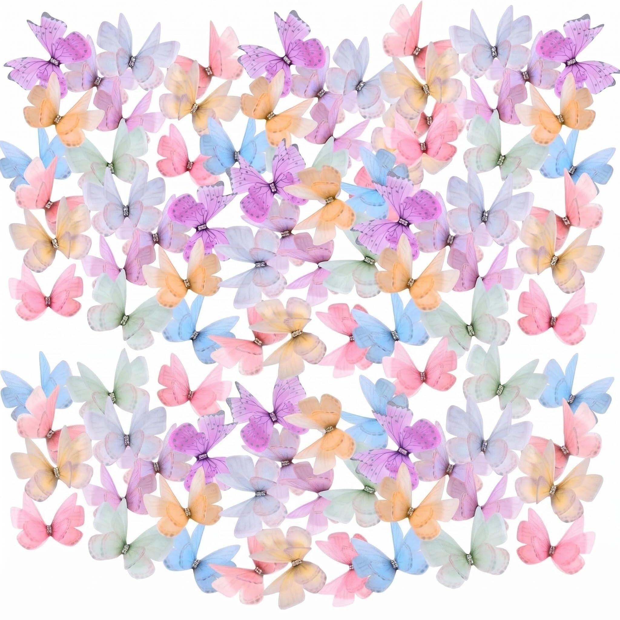60Pcs 3D Butterflies,QIANSSE Butterfly Decorations for Crafts Colorful Mini Fabric Appliques 5x3.5cm Double Mesh Ornaments for DIY Hair Clips Clothes Hats 10 Colors