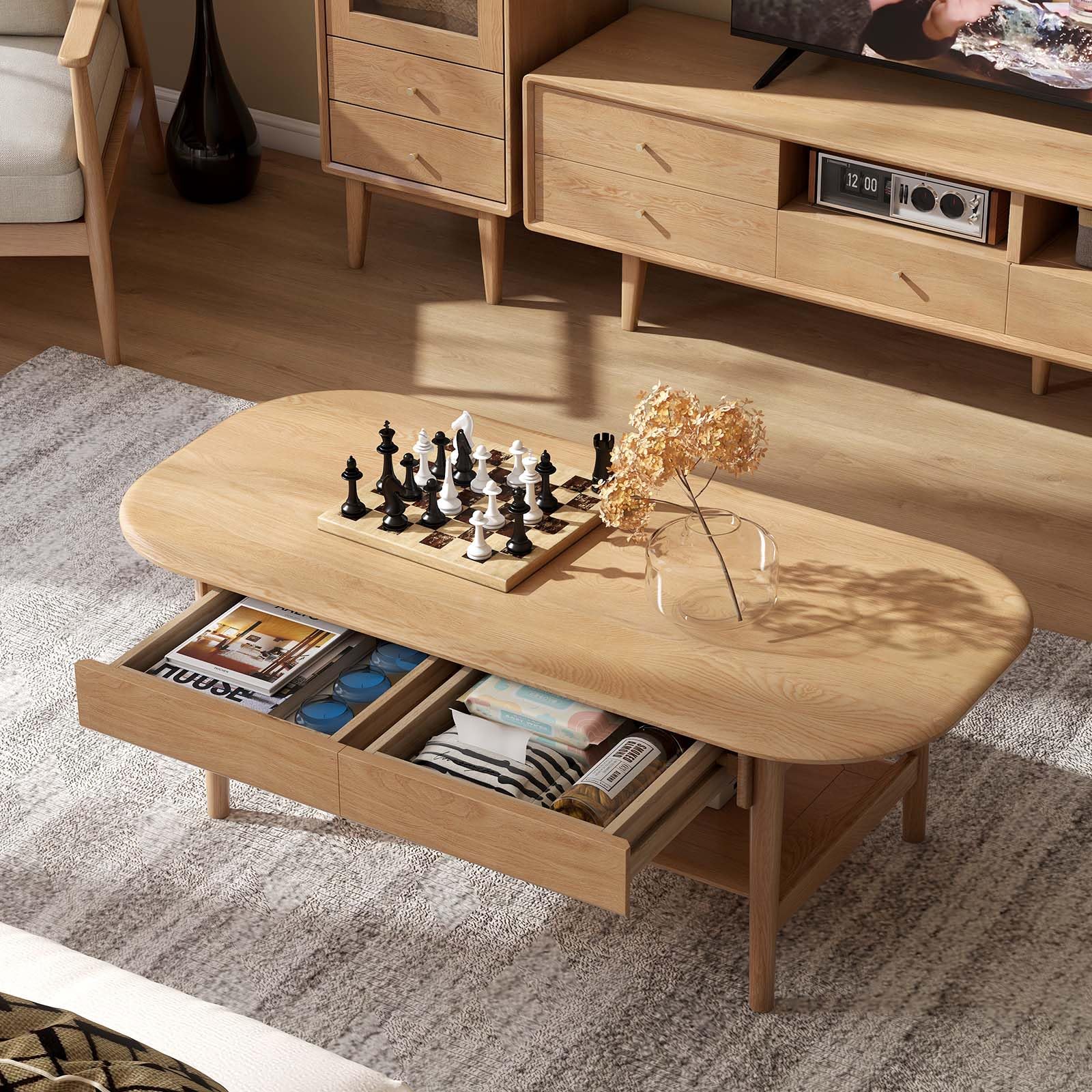 100% solid oak wood coffee table, 2-tier living room table with shelf storage and 2 drawers, mid century modern coffee table for home(oak natural wood colour, 39.37''w)