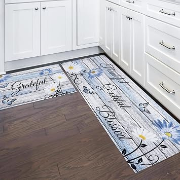 Farmhouse Kitchen Mats for Floor 2 Piece, Blue Kitchen Rugs and Mats Non Skid Washable for Sink Floor, Floral Blue Kitchen Accessories and Decor Mat, 17"x30"+17"x47"