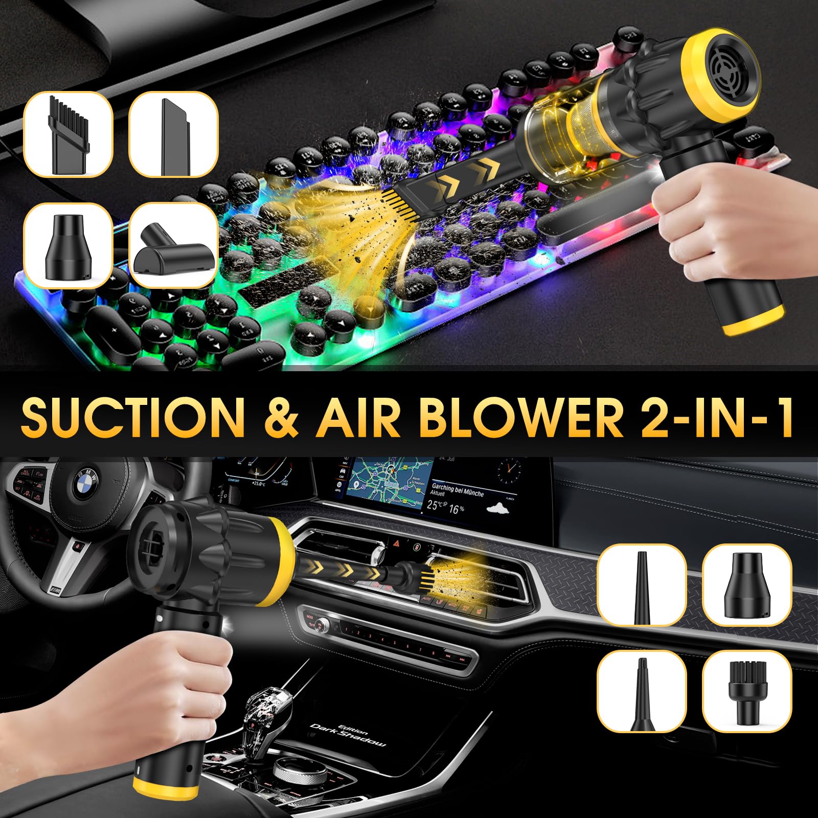 Lizjarol Handheld Car Vacuum Cleaner, 20000PA Vacuum Cordless with Brushless Motor, 4 in 1 Air Duster and Vacuum Cleaner with LED Light, Mini Hand Held Vacuum Rechargeable for Home, Car, Pet, Office