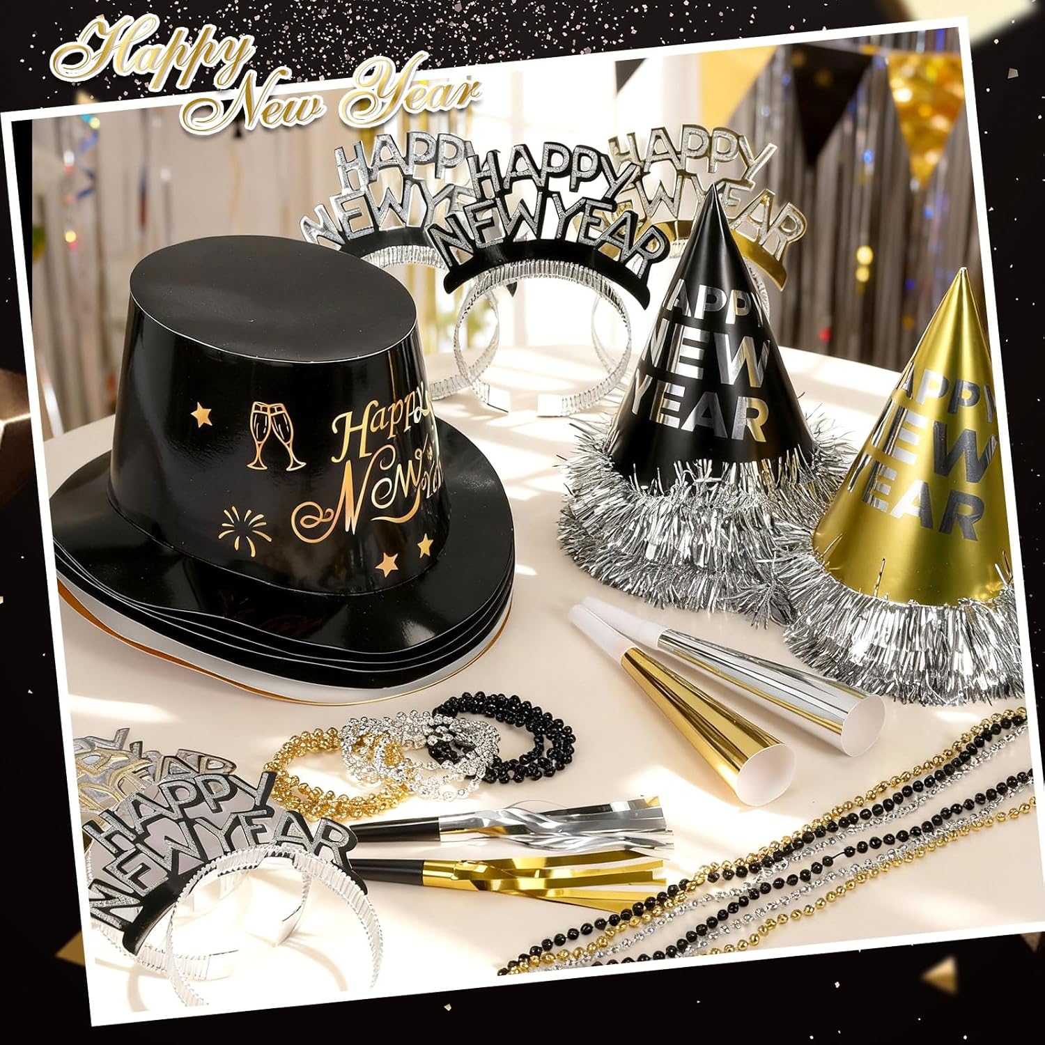 108 Pcs / 36 Set Happy New Year Party Kit 2026 New Year Decoration Favors Years Eve Party Supplies for 36 Guest Include Black Gold Sliver Top Hats Tiaras Headbands Bead Necklace Noisemaker - Image 4