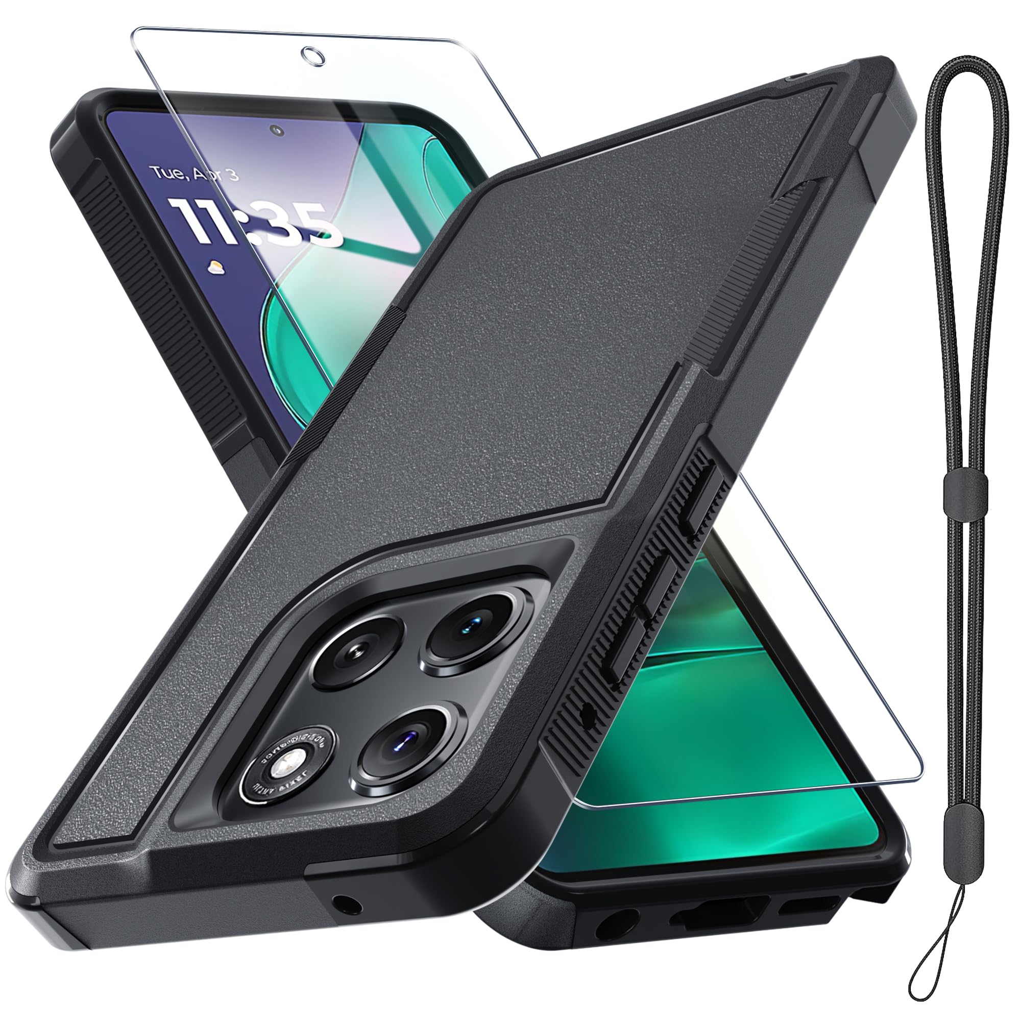RMOCR for Moto G Stylus 5G 2025 Case, Full Body Heavy Duty Rugged Shockproof Protective Phone Cover with Lanyard Strap, Tempered Glass Screen Protector, Black Matte