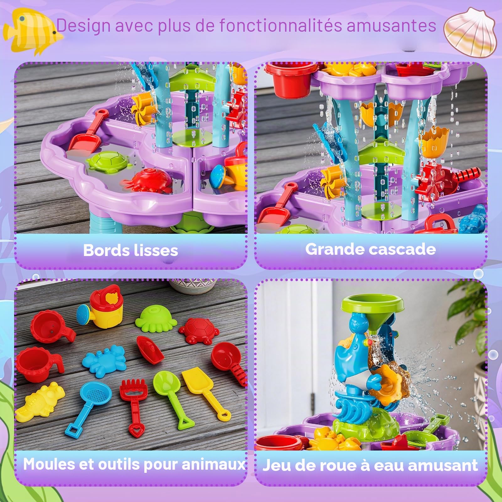 deAO Table à Eau de Sable 3 en 1 pour Enfants, Plage Jeu Sable Eau - Double Niveau avec 13 Accessoires, Table d‘Activités Sensorielle de Plage pour Garçons et Filles de 3 4 5 6 Ans (Violet)