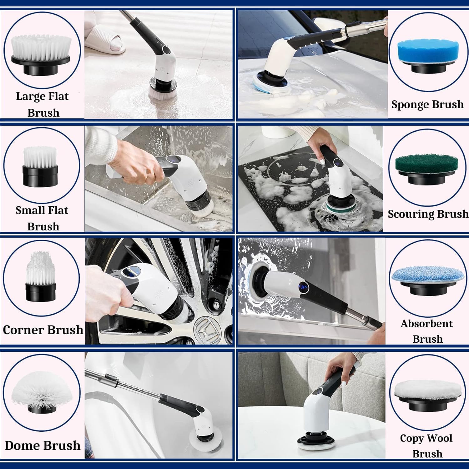 Eight different types of replaceable brush heads for the Jorking Electric Spin Scrubber