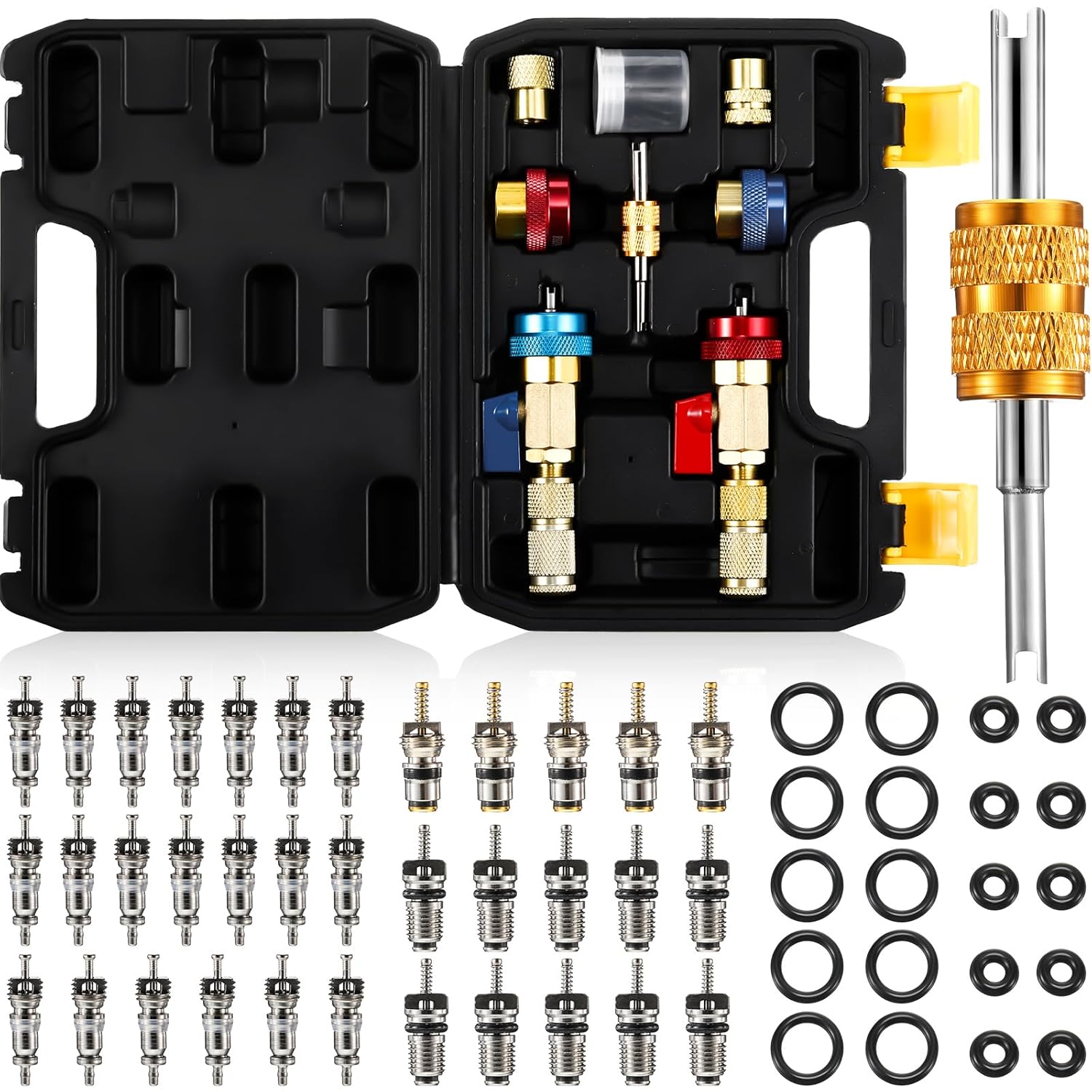 R134A R1234YF Valve Core Tool 35 Pcs Air Condition Valve Core Refrigeration Schrader Valve Core 3 Pcs Remover Tool with 20 Pcs O-Ring Rubber Seal for Car (A/C R12 R134a R1234YF)