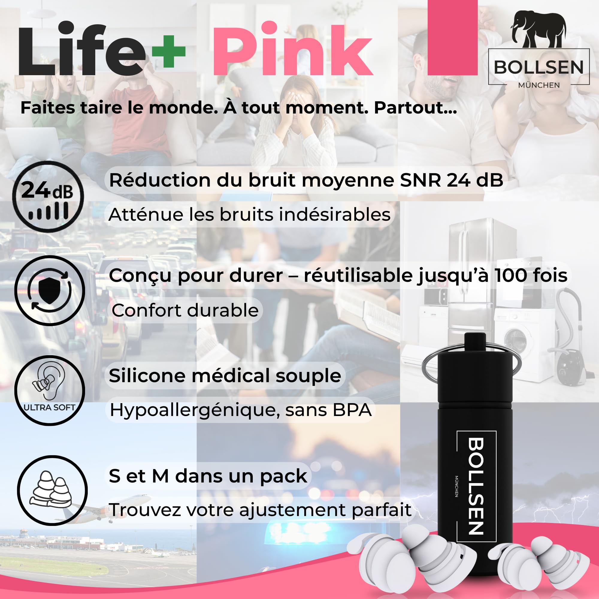 BOLLSEN Life+ Pink Bouchons d’oreilles pour dormir - Bouchons d’oreilles en silicone avec 2 tailles (S & M)-Réduction du bruit SNR 24 dB -Confortables jour et nuit - Durables et réutilisables 100x (3)