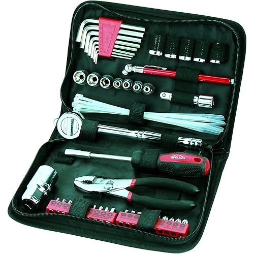Apollo Tools 56 Piece Compact Metric Auto Tool Set in Zippered Case, Small Mechanic Tool Set for Car Emergency, Motorcycle Repair on the Road, Great for Travel Tool Needs - Red - DT9775